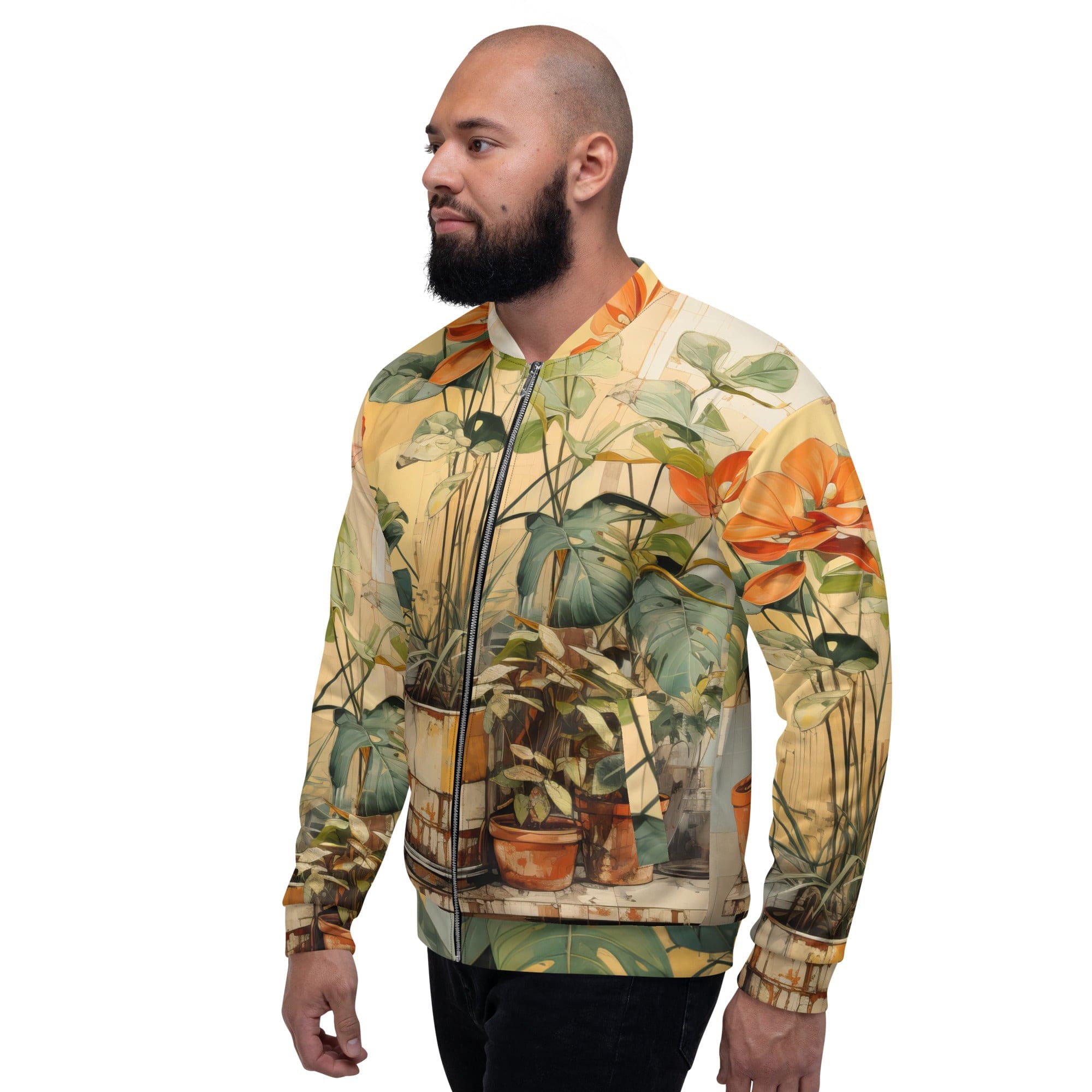 Men's bomber jacket featuring an earthy rustic potted plants print, zip-front closure, and ribbed cuffs, ideal for stylish layering.