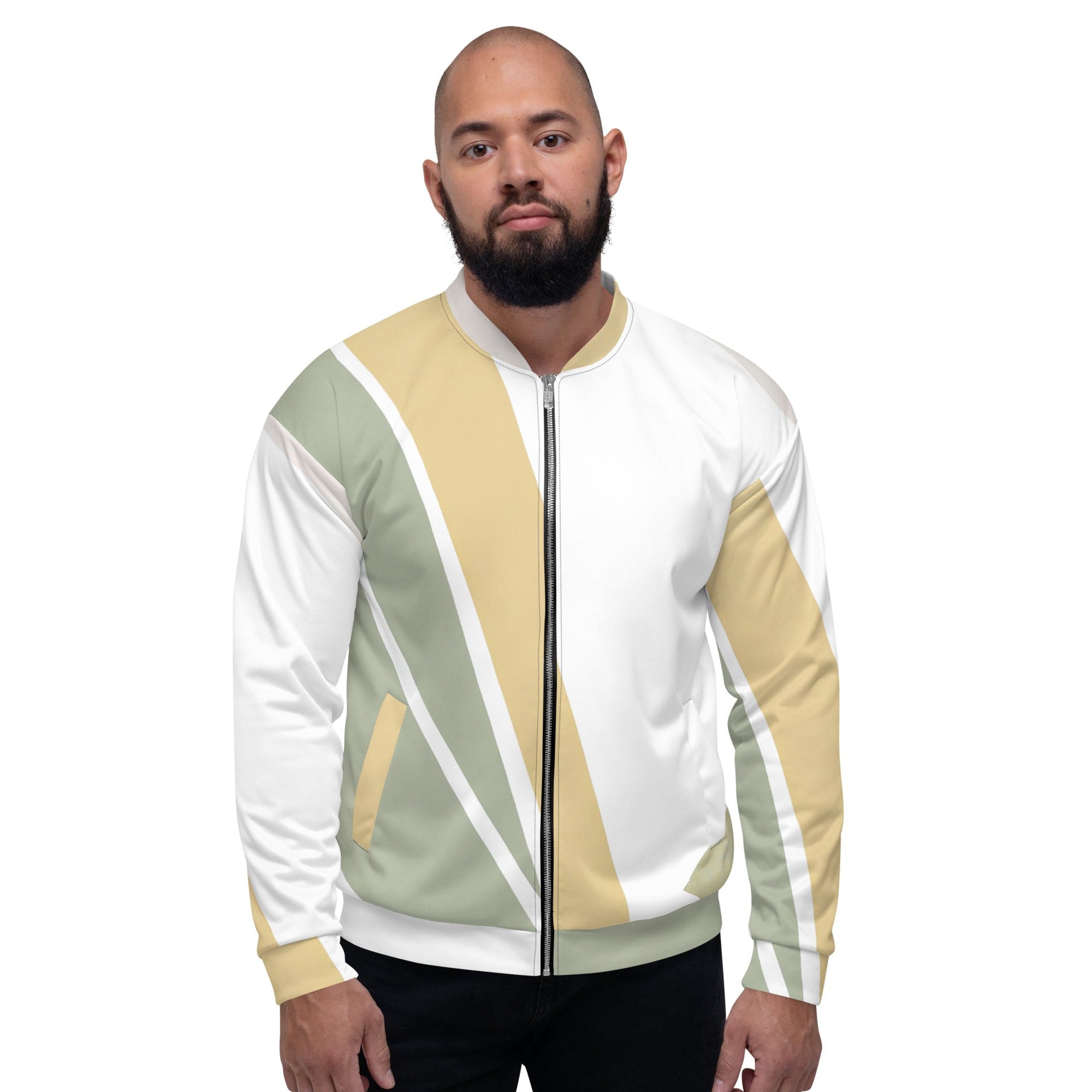 Men's bomber jacket featuring a green abstract geometric pattern, zip-front closure, and ribbed cuffs, ideal for stylish layering.