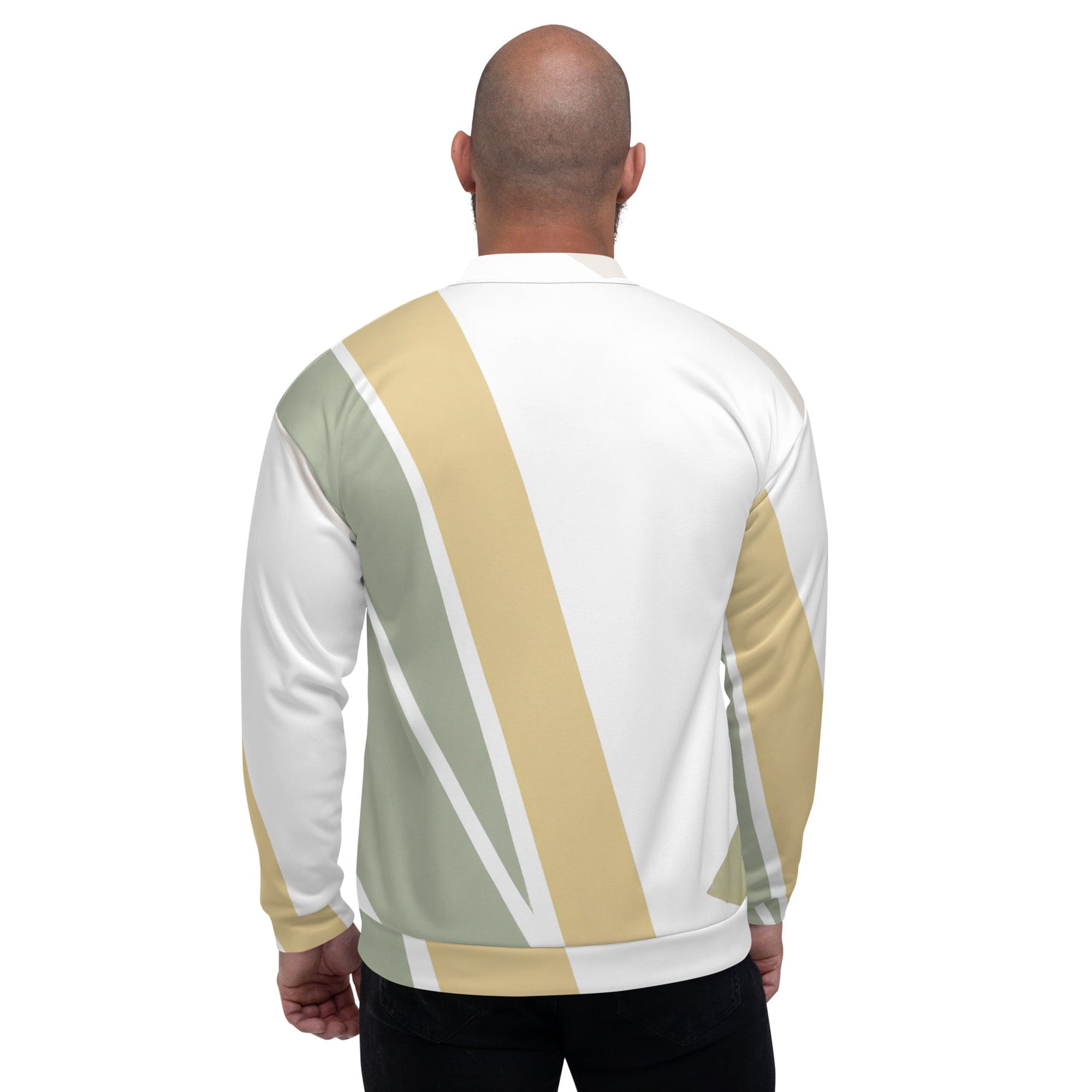 Men's bomber jacket featuring a green abstract geometric pattern, zip-front closure, and ribbed cuffs, ideal for stylish layering.