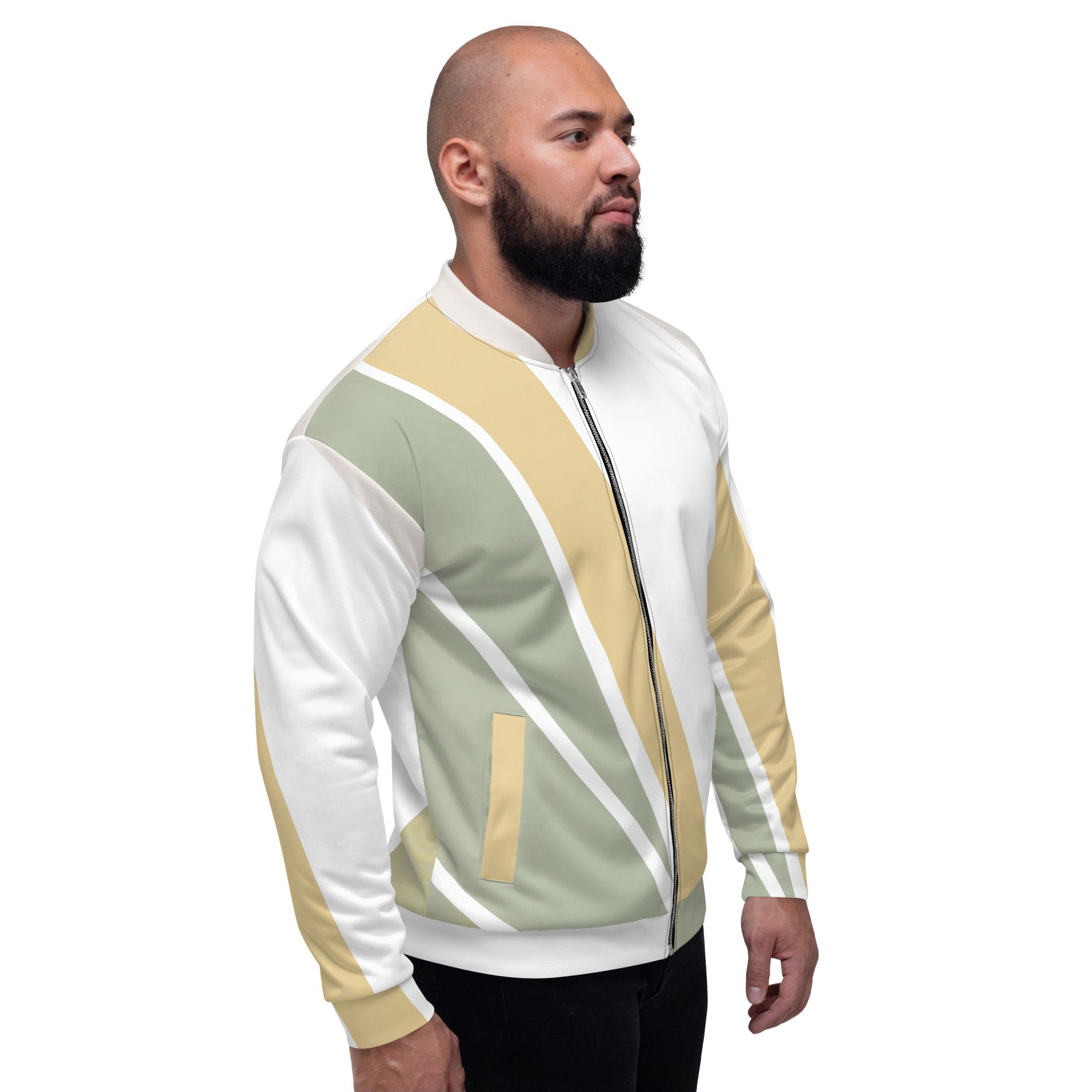 Men's bomber jacket featuring a green abstract geometric pattern, zip-front closure, and ribbed cuffs, ideal for stylish layering.