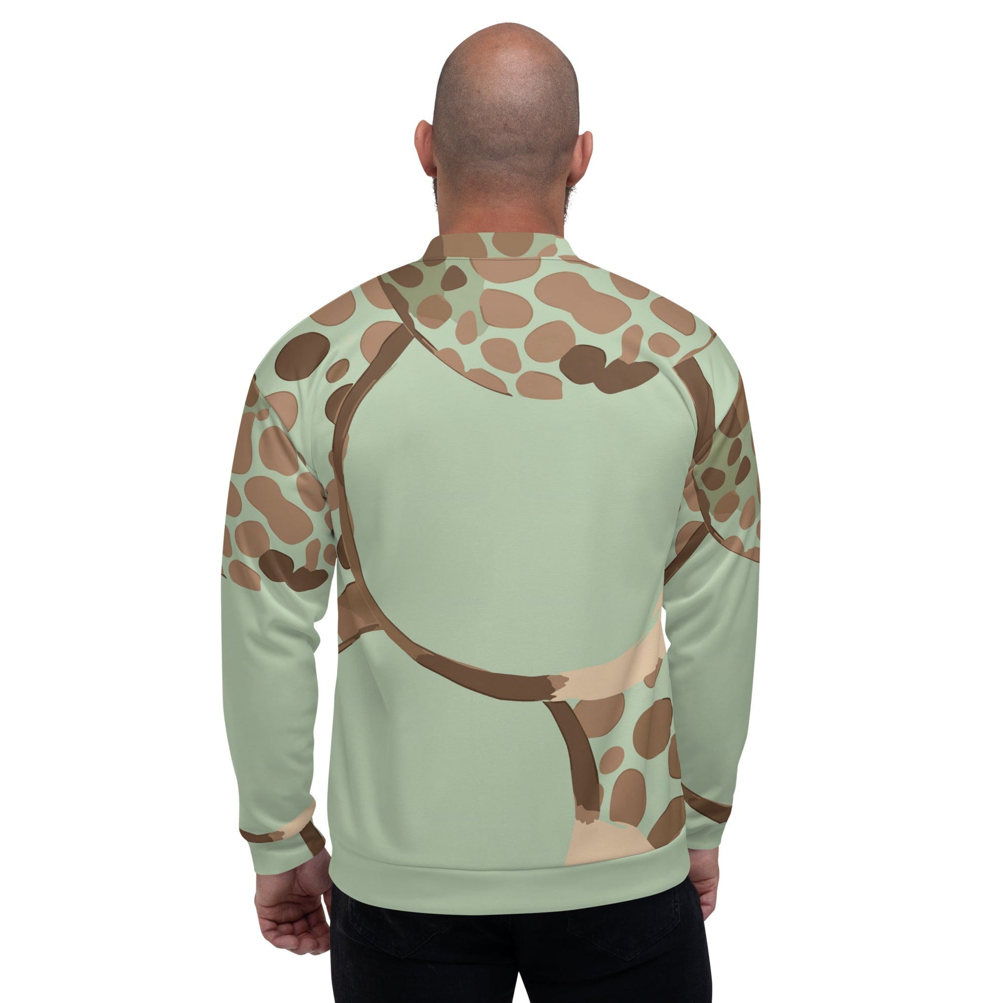 Men's bomber jacket featuring a green beige spotted print, zip-front closure, and ribbed cuffs, ideal for stylish layering.