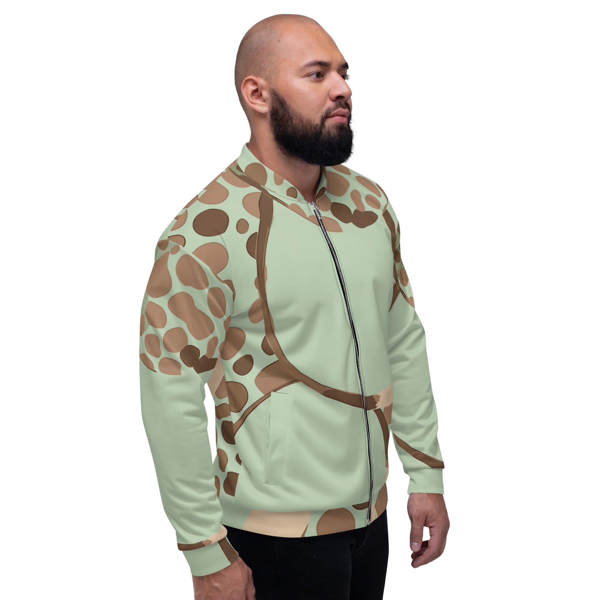 Men's bomber jacket featuring a green beige spotted print, zip-front closure, and ribbed cuffs, ideal for stylish layering.