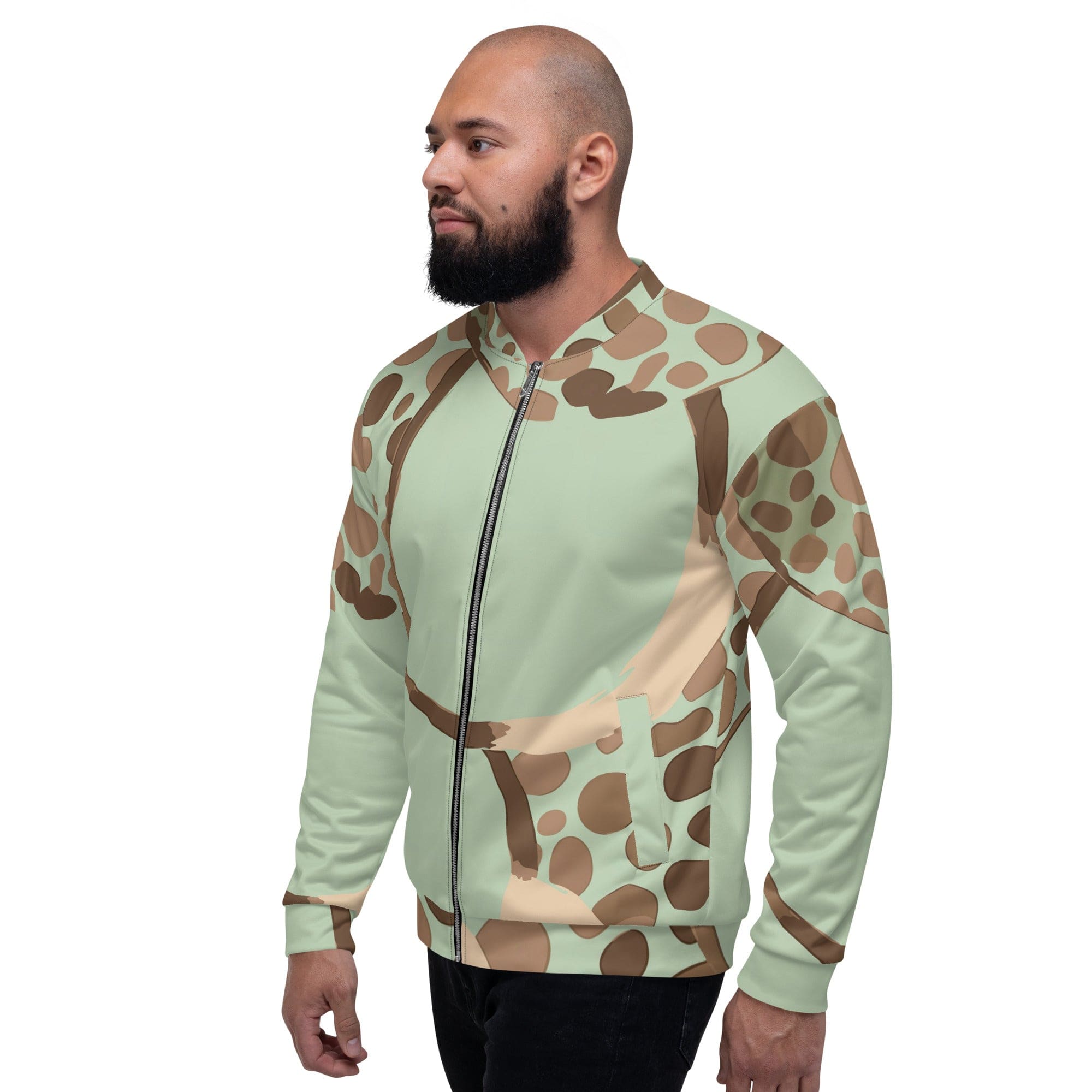 Men's bomber jacket featuring a green beige spotted print, zip-front closure, and ribbed cuffs, ideal for stylish layering.