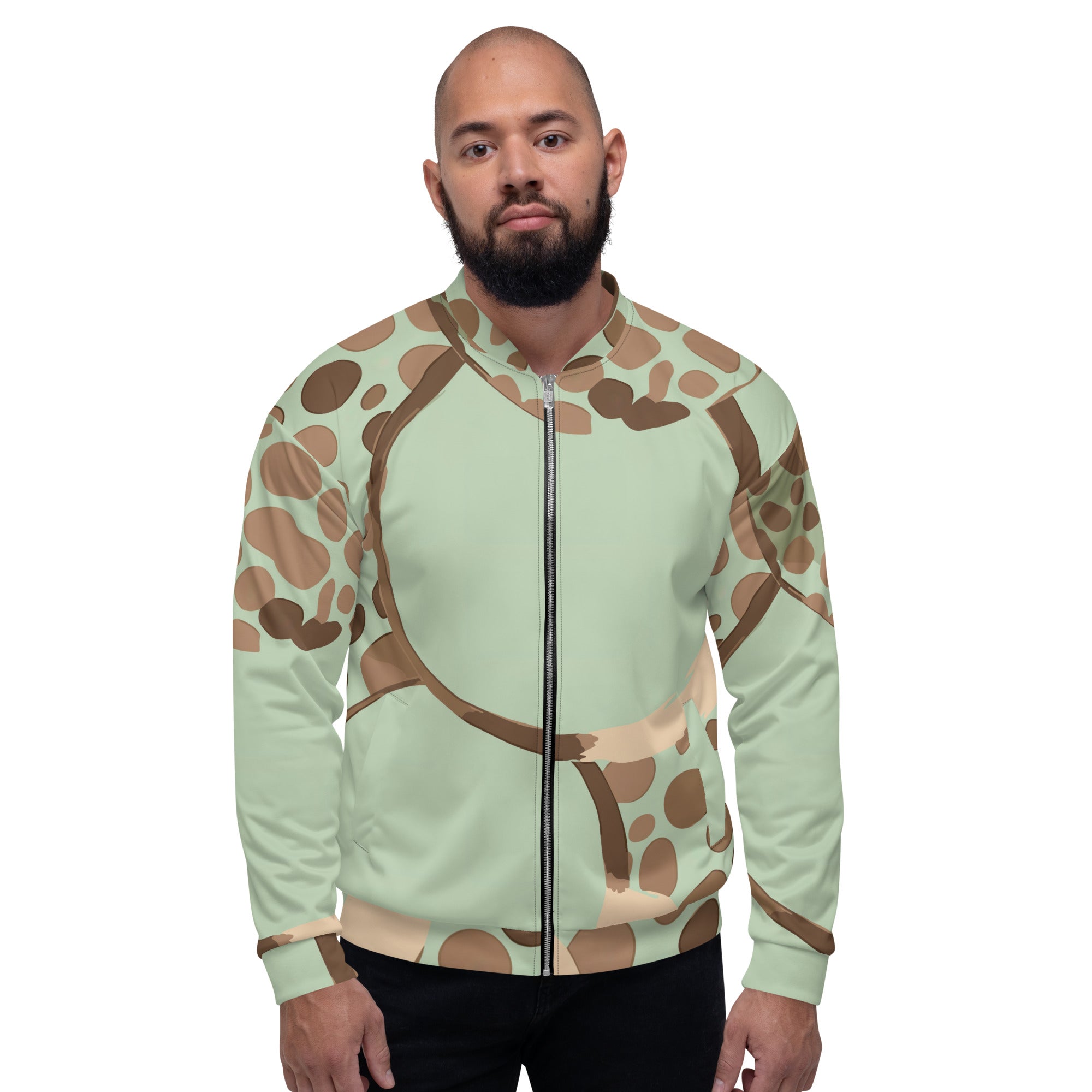 Men's bomber jacket featuring a green beige spotted print, zip-front closure, and ribbed cuffs, ideal for stylish layering.