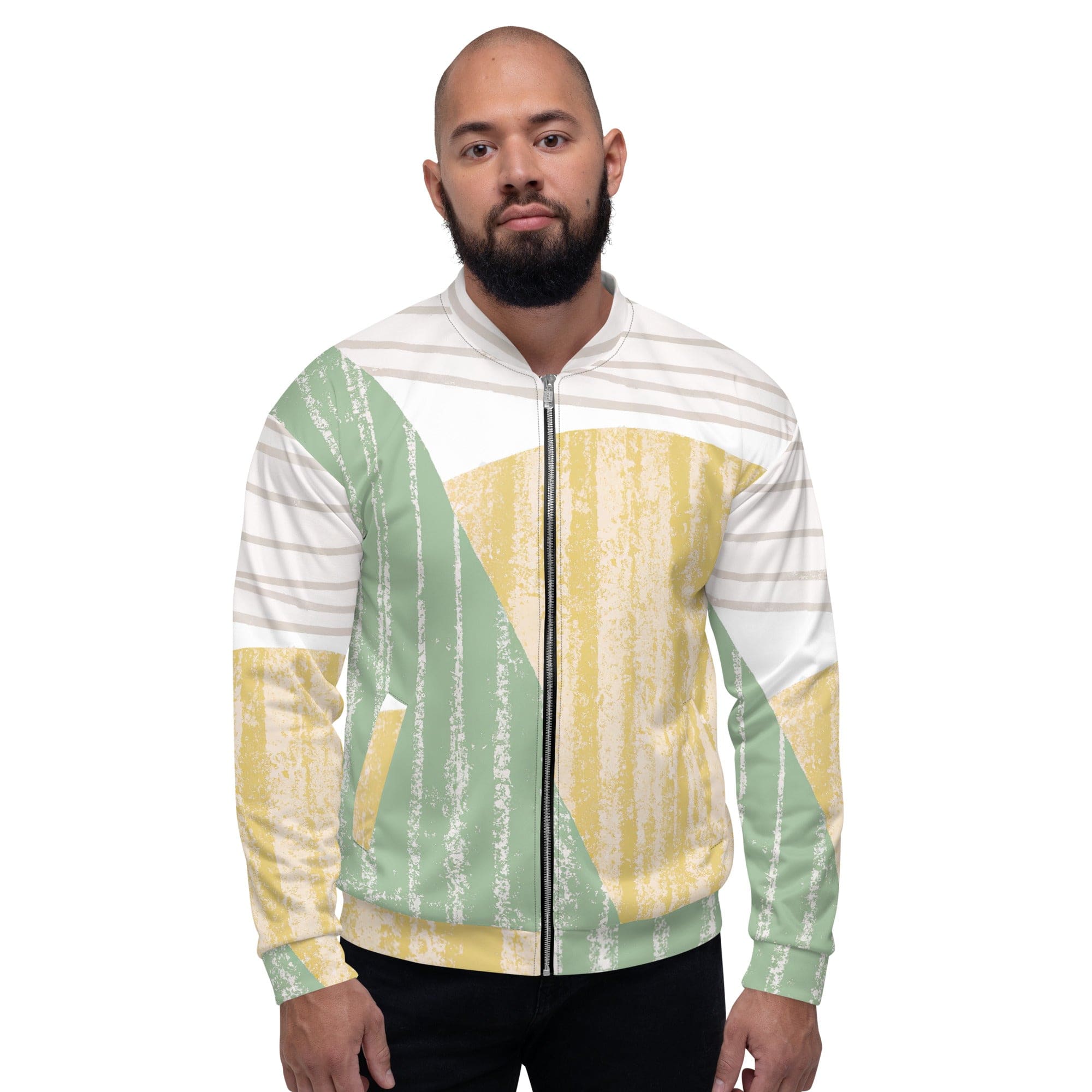 Men's bomber jacket featuring a green textured boho pattern, zip-front closure, and ribbed cuffs, ideal for stylish layering.