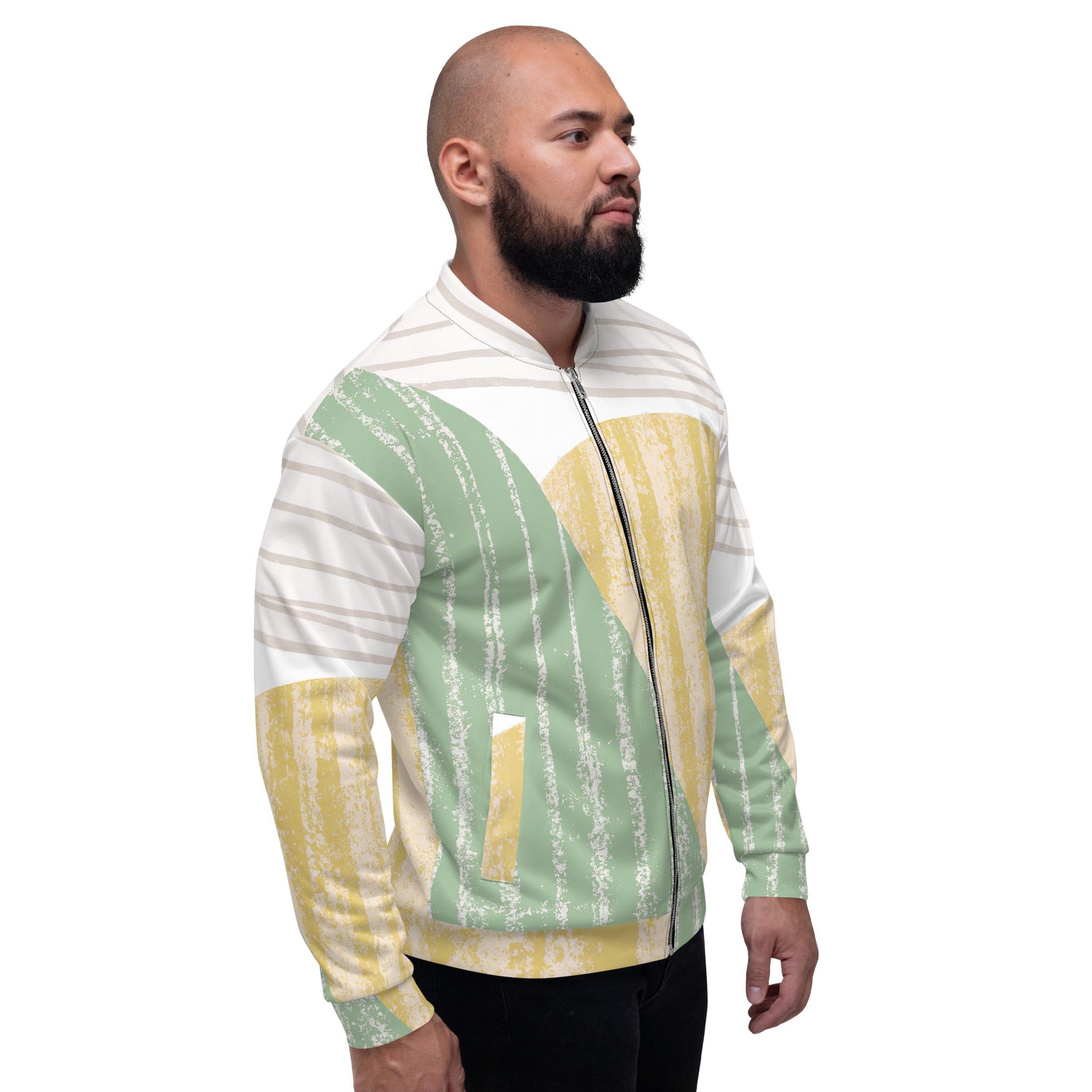 Men's bomber jacket featuring a green textured boho pattern, zip-front closure, and ribbed cuffs, ideal for stylish layering.