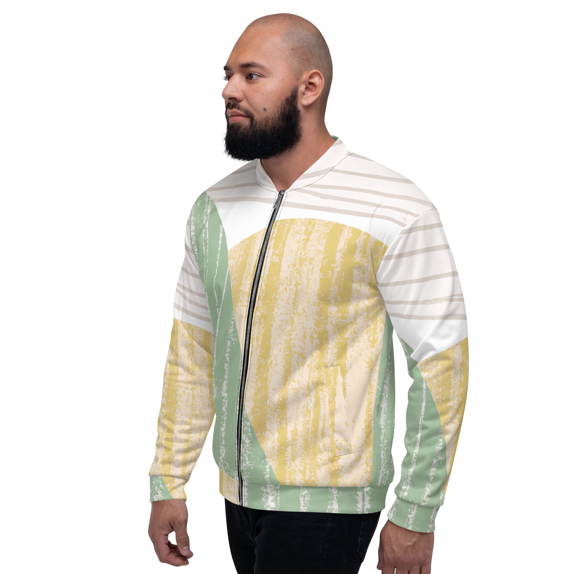 Men's bomber jacket featuring a green textured boho pattern, zip-front closure, and ribbed cuffs, ideal for stylish layering.