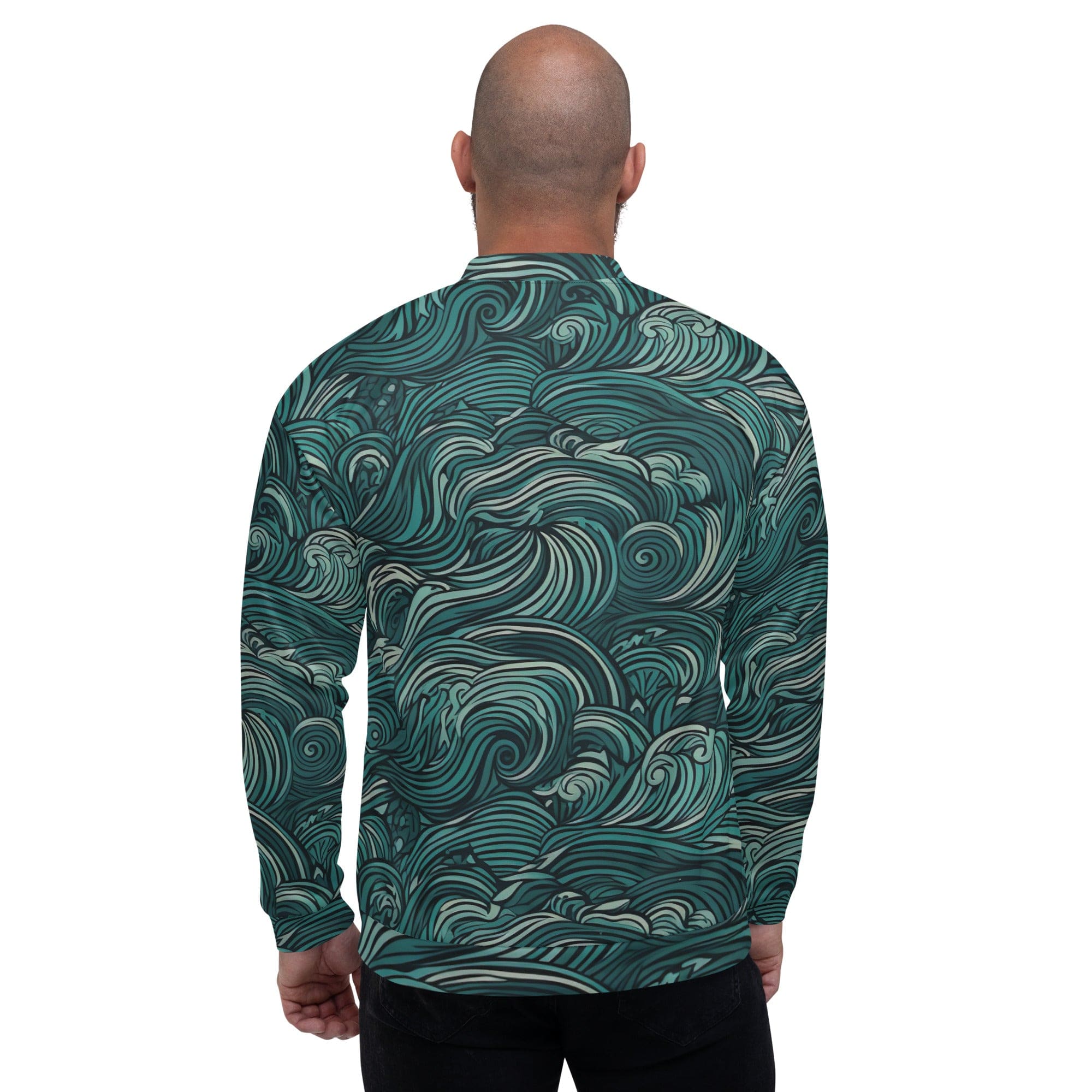 Men's bomber jacket in mint green with a water wave print, featuring ribbed cuffs and zip-front closure.