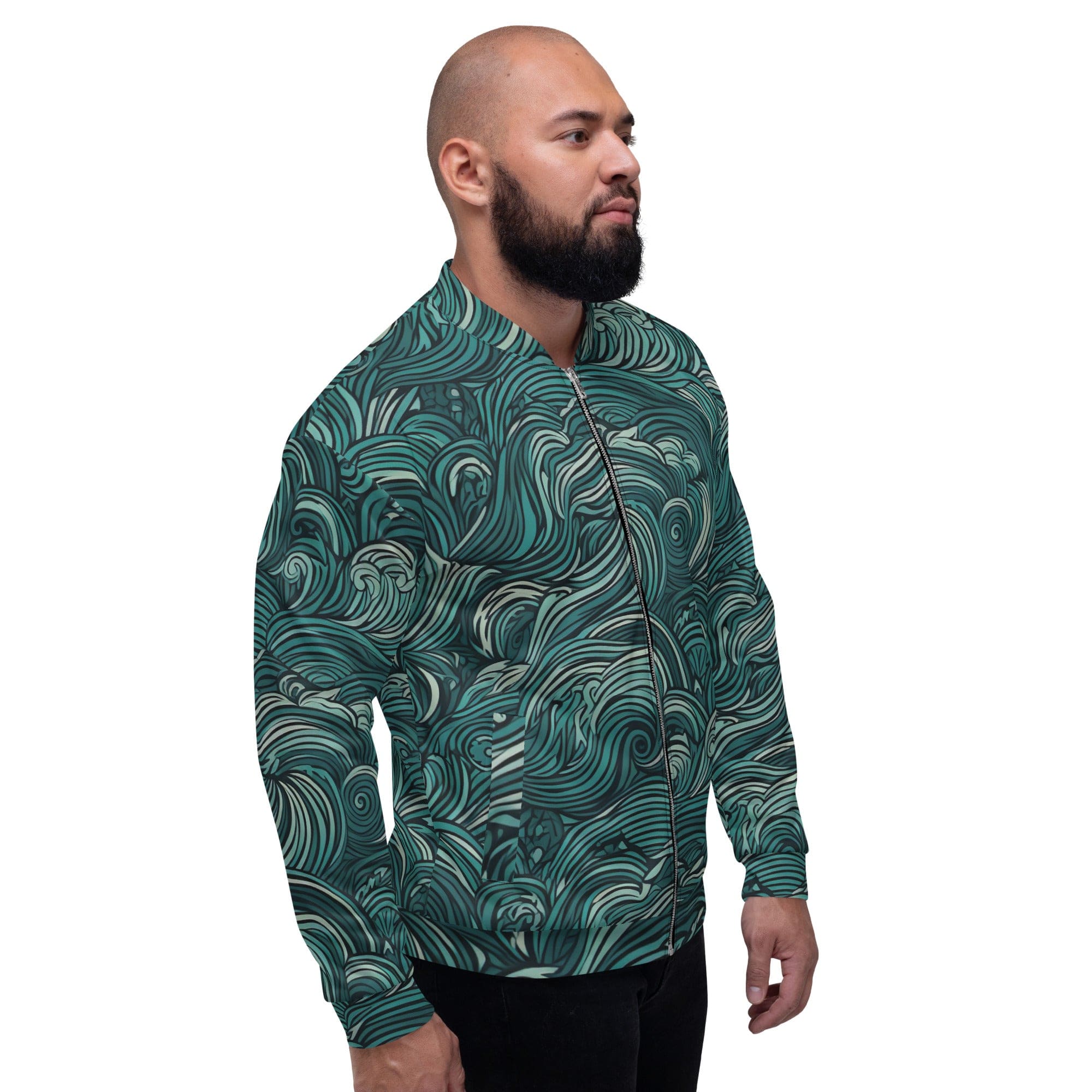 Men's bomber jacket in mint green with a water wave print, featuring ribbed cuffs and zip-front closure.