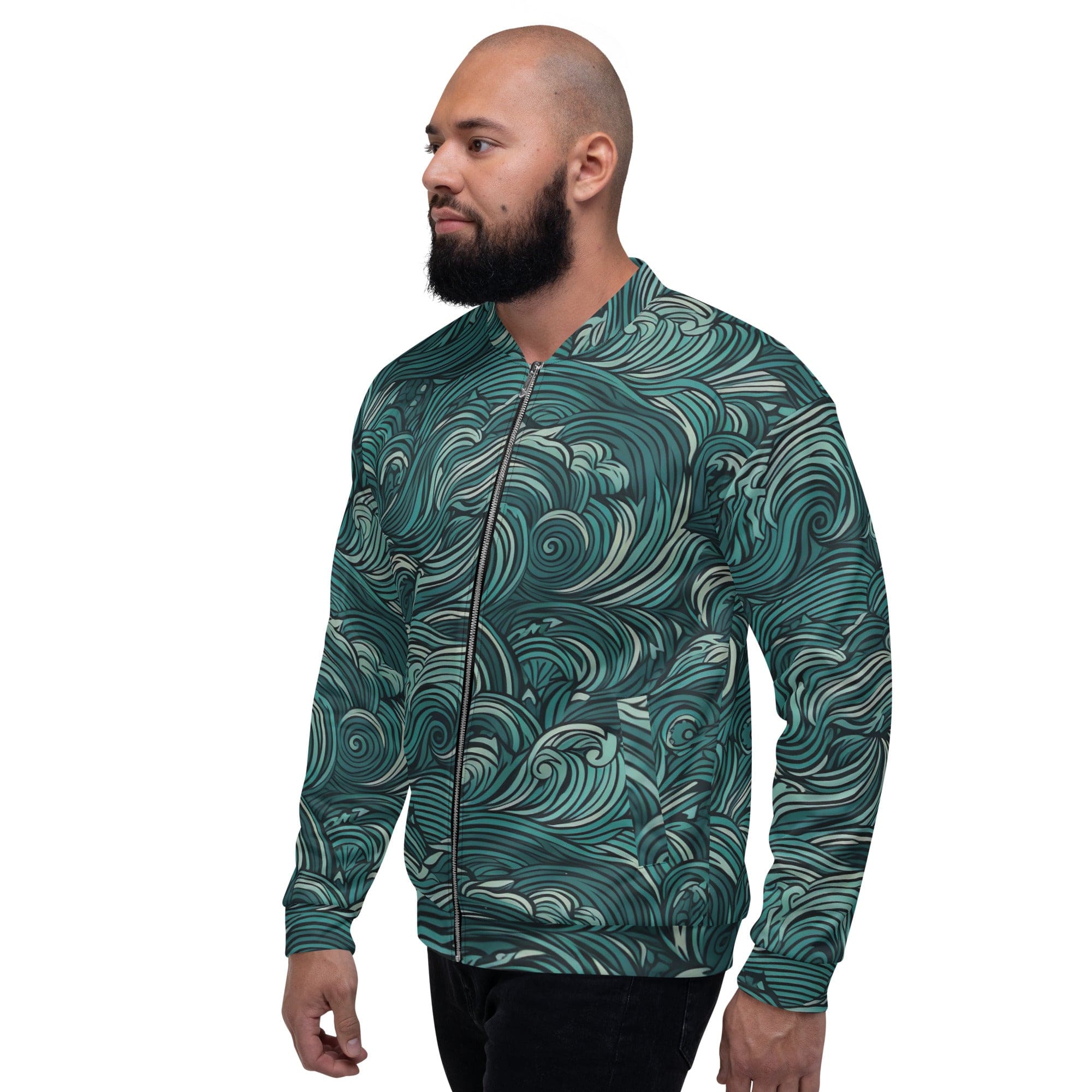 Men's bomber jacket in mint green with a water wave print, featuring ribbed cuffs and zip-front closure.