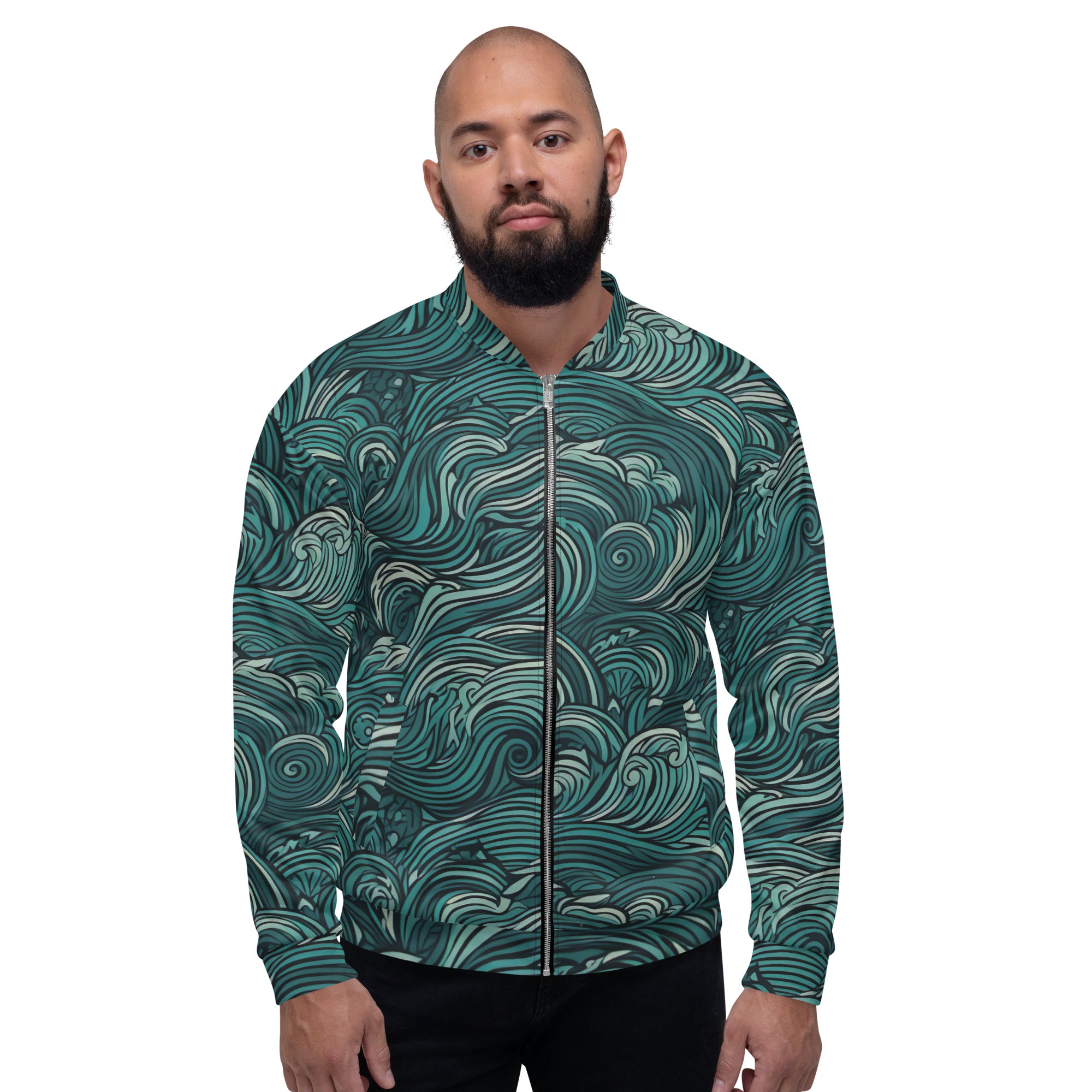 Men's bomber jacket in mint green with a water wave print, featuring ribbed cuffs and zip-front closure.