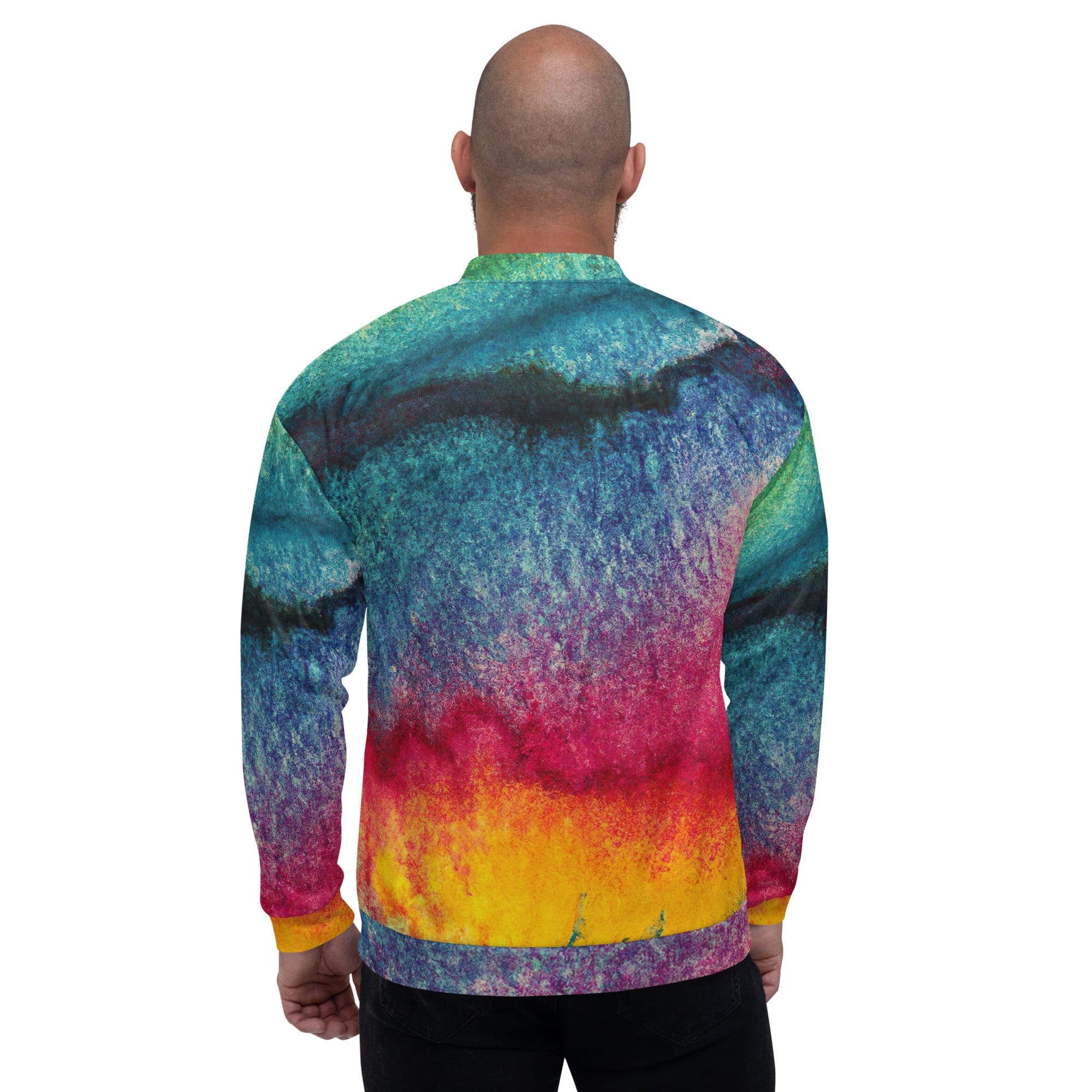 Men's bomber jacket featuring a vibrant multicolor abstract pattern, zip-front closure, and ribbed cuffs, perfect for stylish layering.