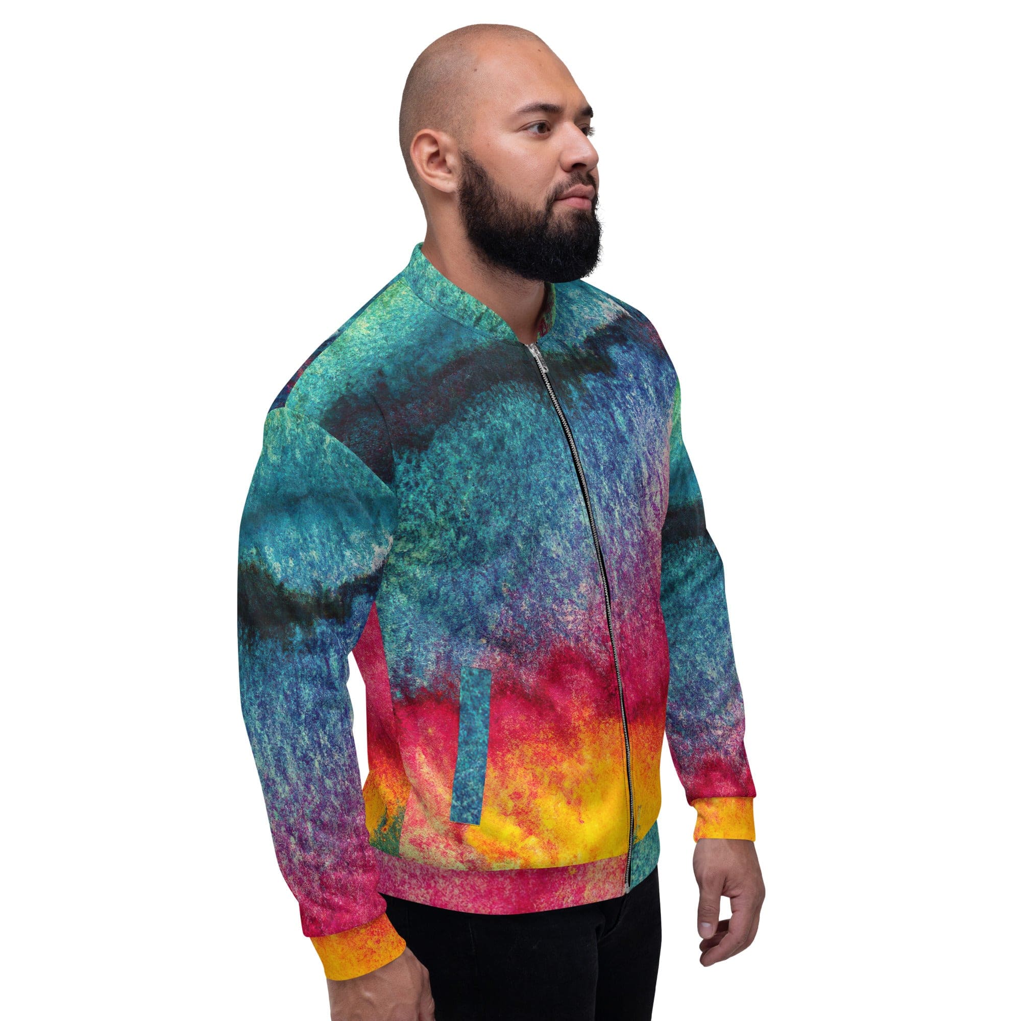 Men's bomber jacket featuring a vibrant multicolor abstract pattern, zip-front closure, and ribbed cuffs, perfect for stylish layering.