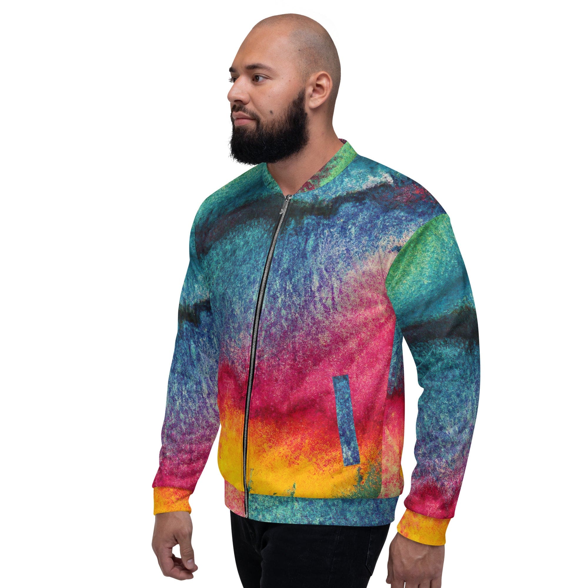 Men's bomber jacket featuring a vibrant multicolor abstract pattern, zip-front closure, and ribbed cuffs, perfect for stylish layering.