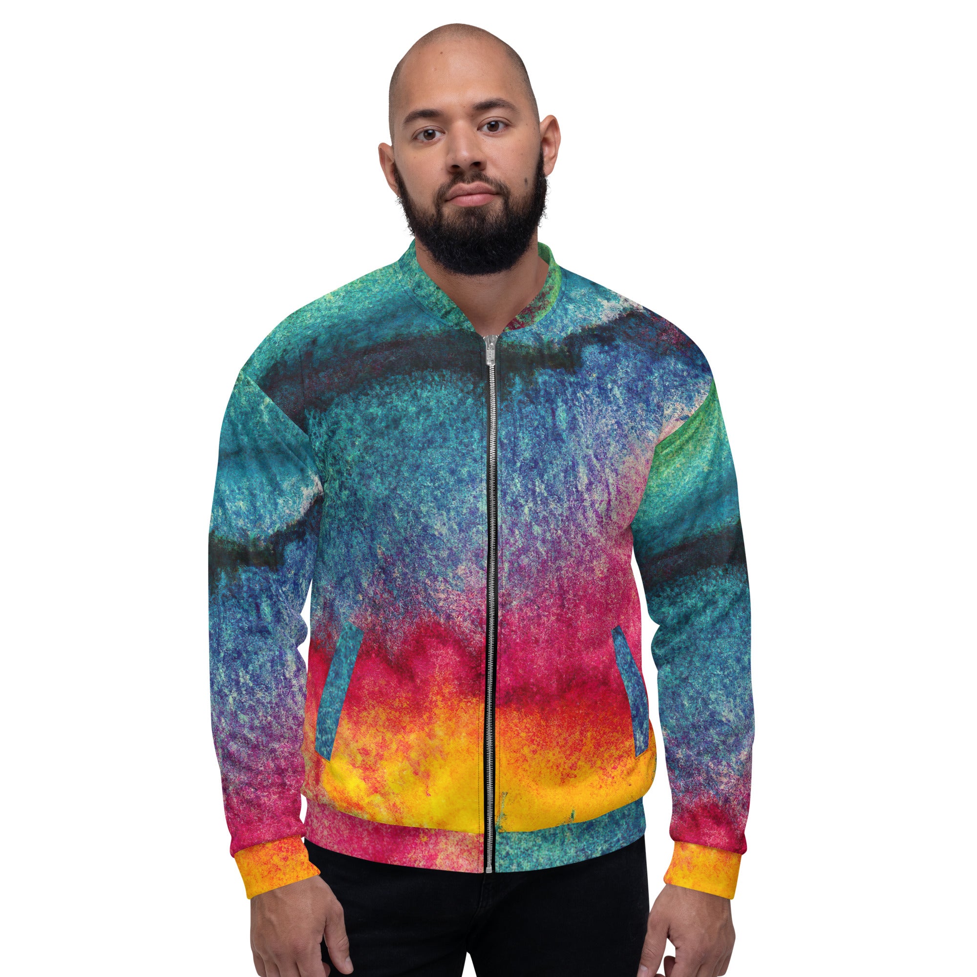 Men's bomber jacket featuring a vibrant multicolor abstract pattern, zip-front closure, and ribbed cuffs, perfect for stylish layering.