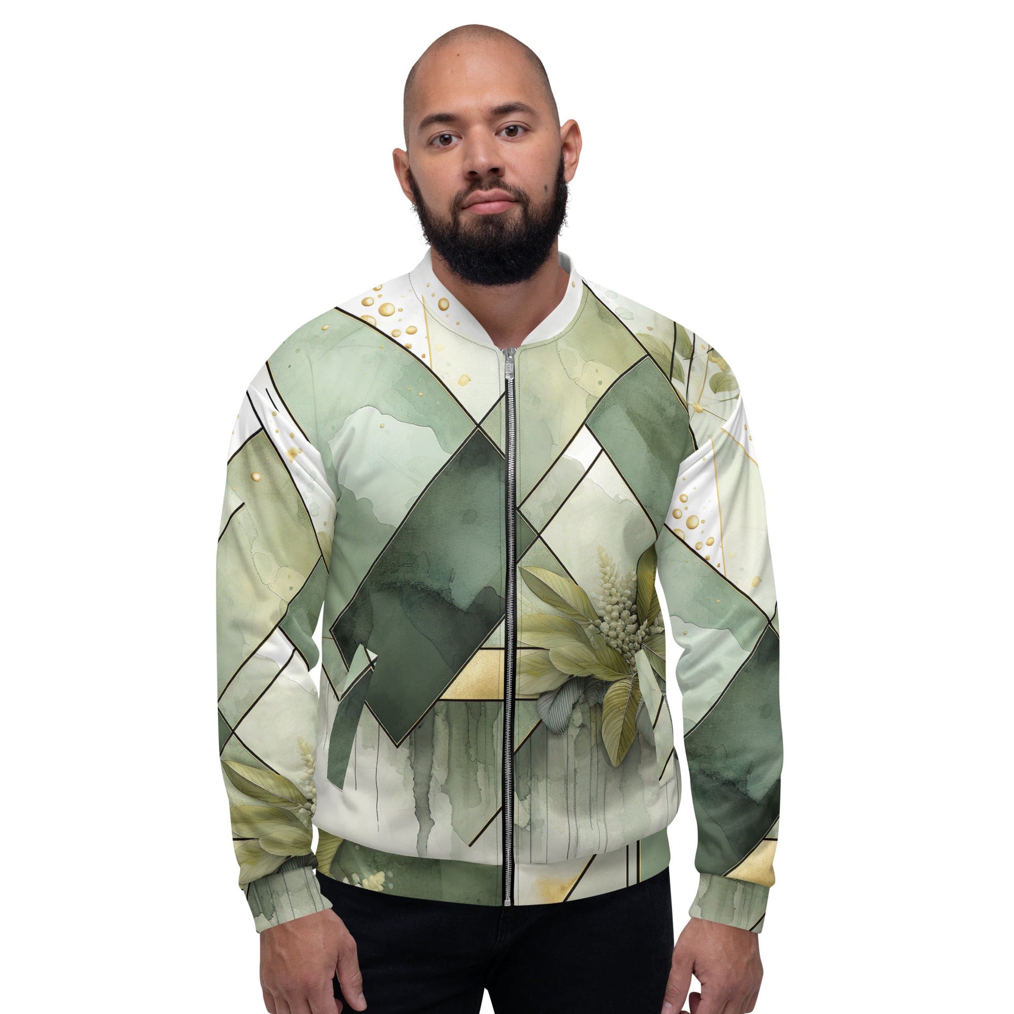 Men's bomber jacket in olive green with mint leaf geometric print, featuring zip-front closure and ribbed cuffs.