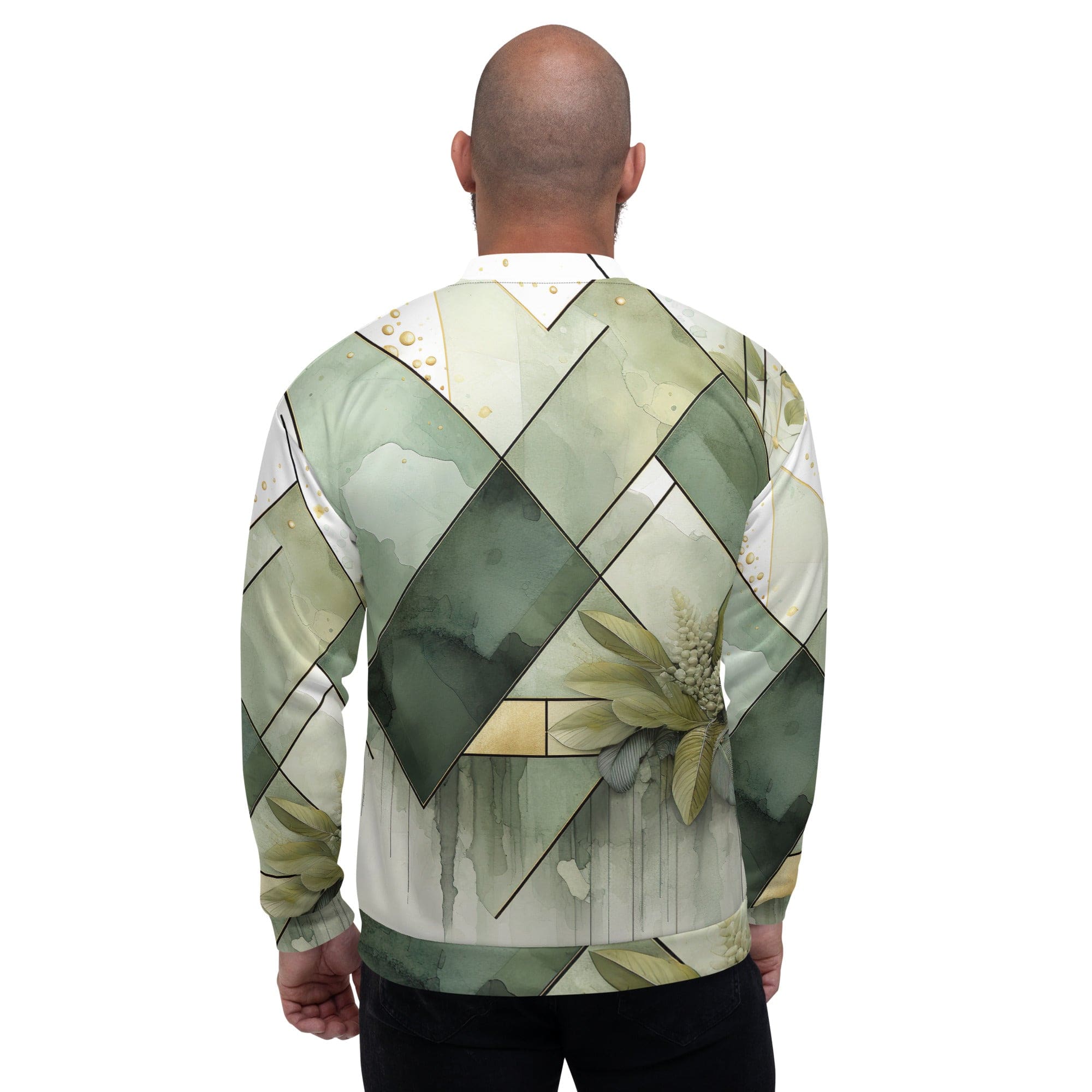 Men's bomber jacket in olive green with mint leaf geometric print, featuring zip-front closure and ribbed cuffs.