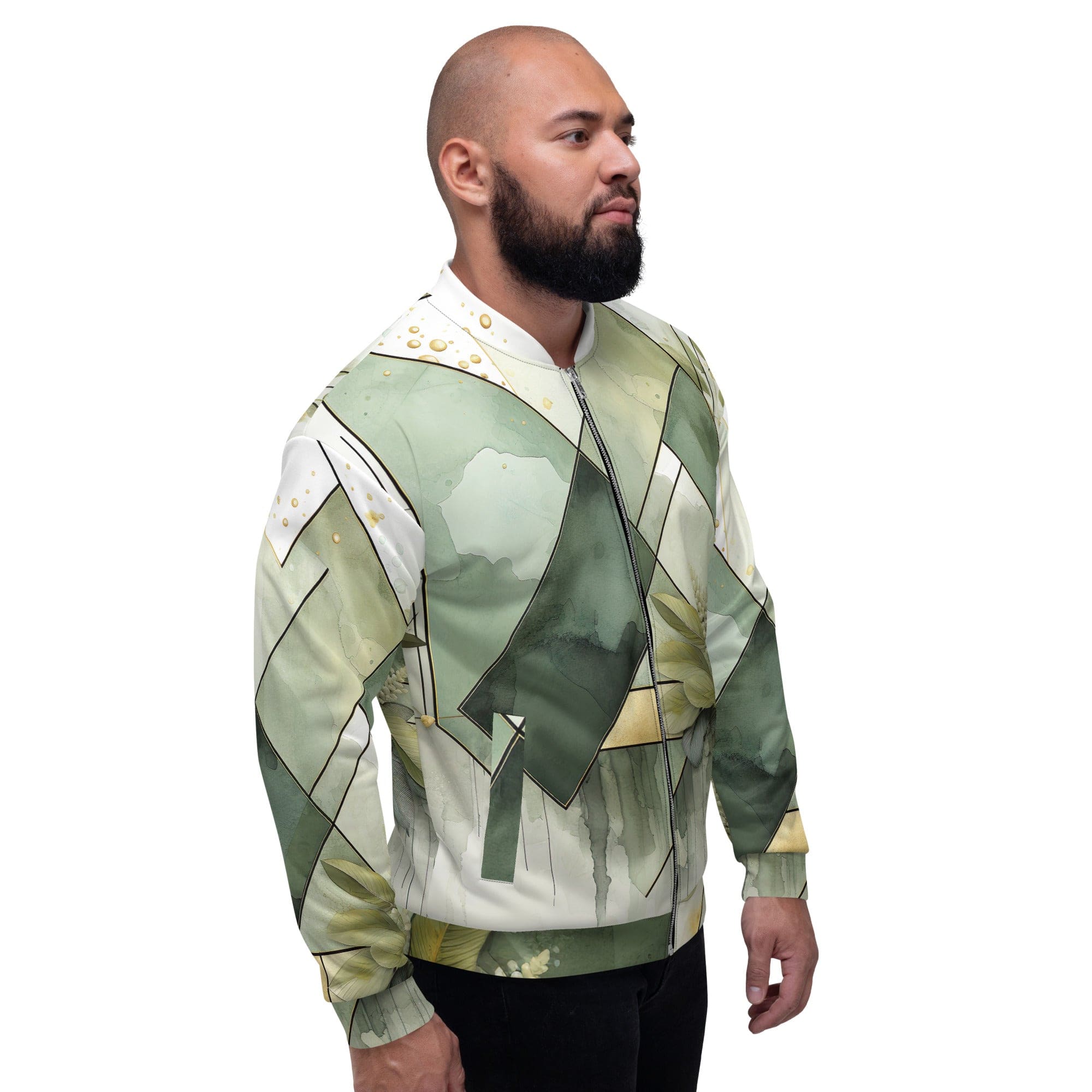 Men's bomber jacket in olive green with mint leaf geometric print, featuring zip-front closure and ribbed cuffs.