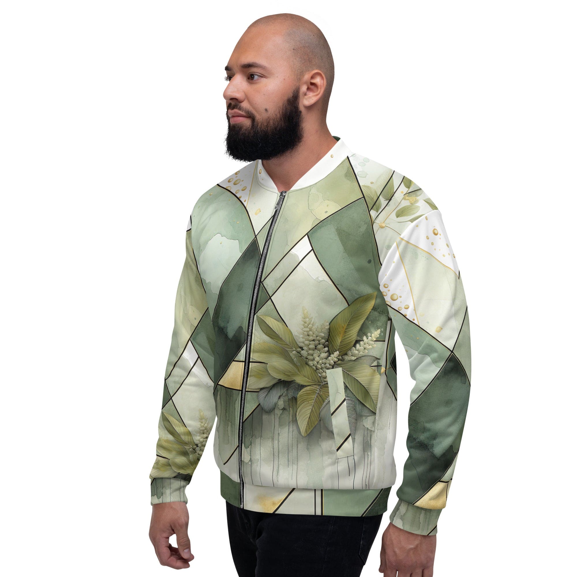 Men's bomber jacket in olive green with mint leaf geometric print, featuring zip-front closure and ribbed cuffs.