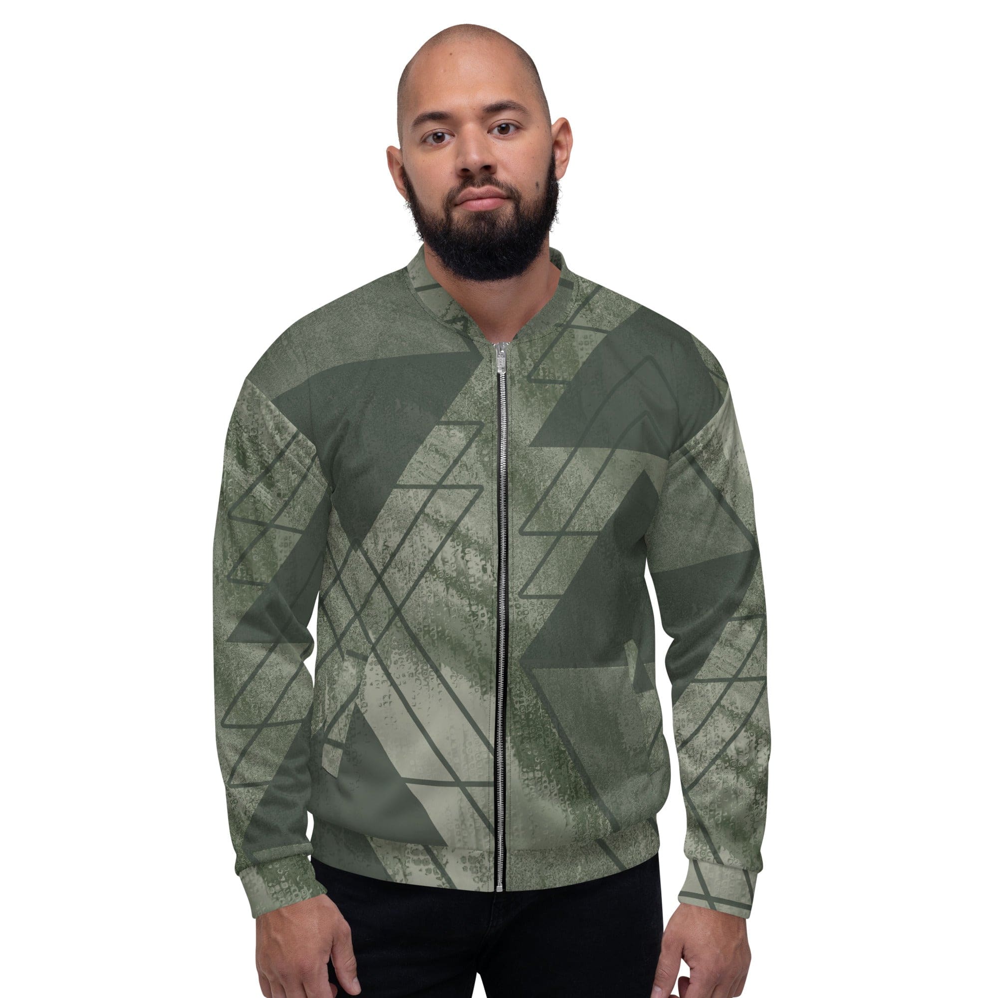 Men's bomber jacket in olive green with triangular colorblock design, featuring zip-front closure and ribbed cuffs.