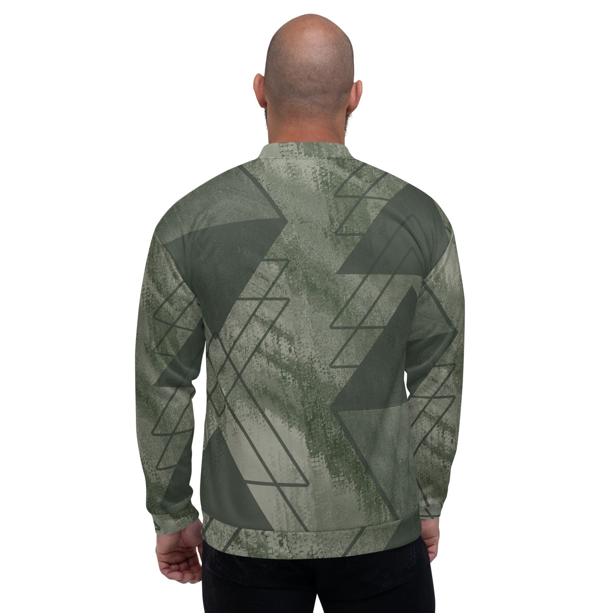 Men's bomber jacket in olive green with triangular colorblock design, featuring zip-front closure and ribbed cuffs.