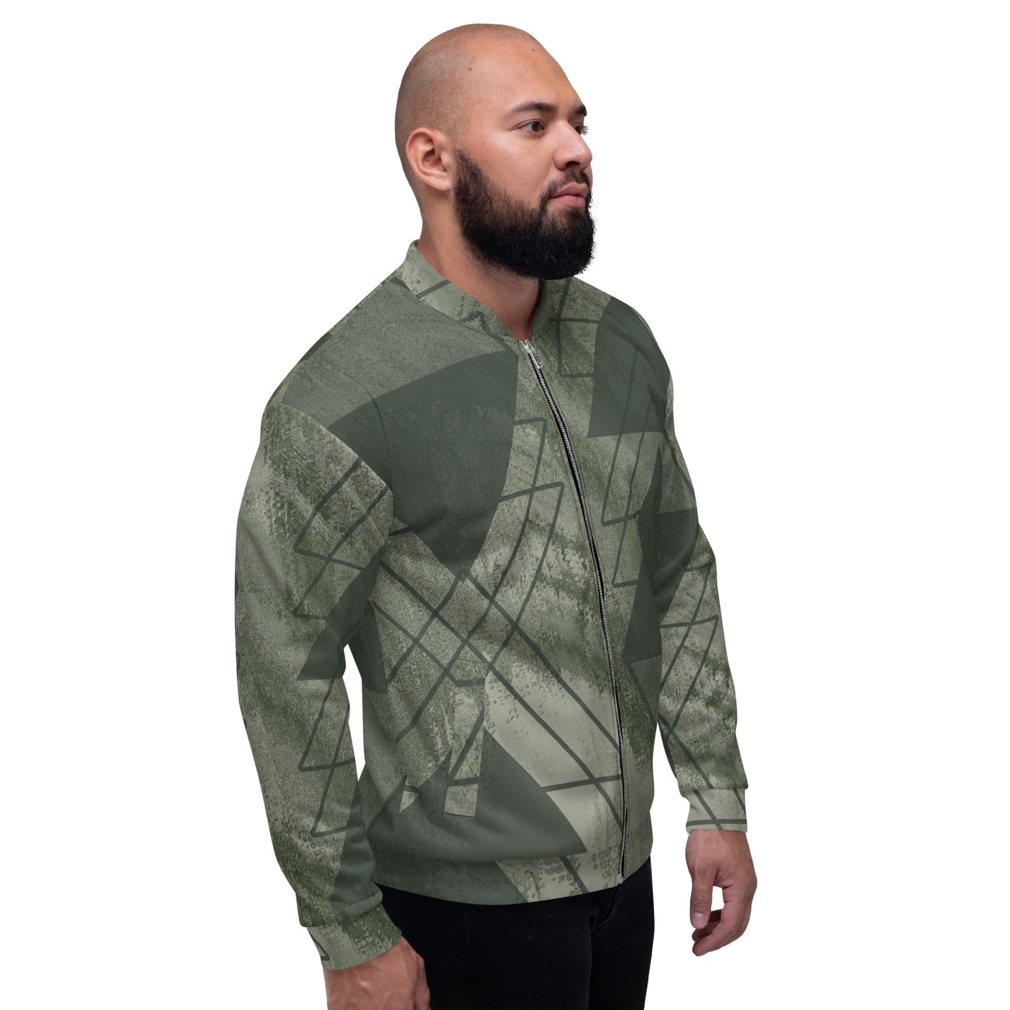 Men's bomber jacket in olive green with triangular colorblock design, featuring zip-front closure and ribbed cuffs.