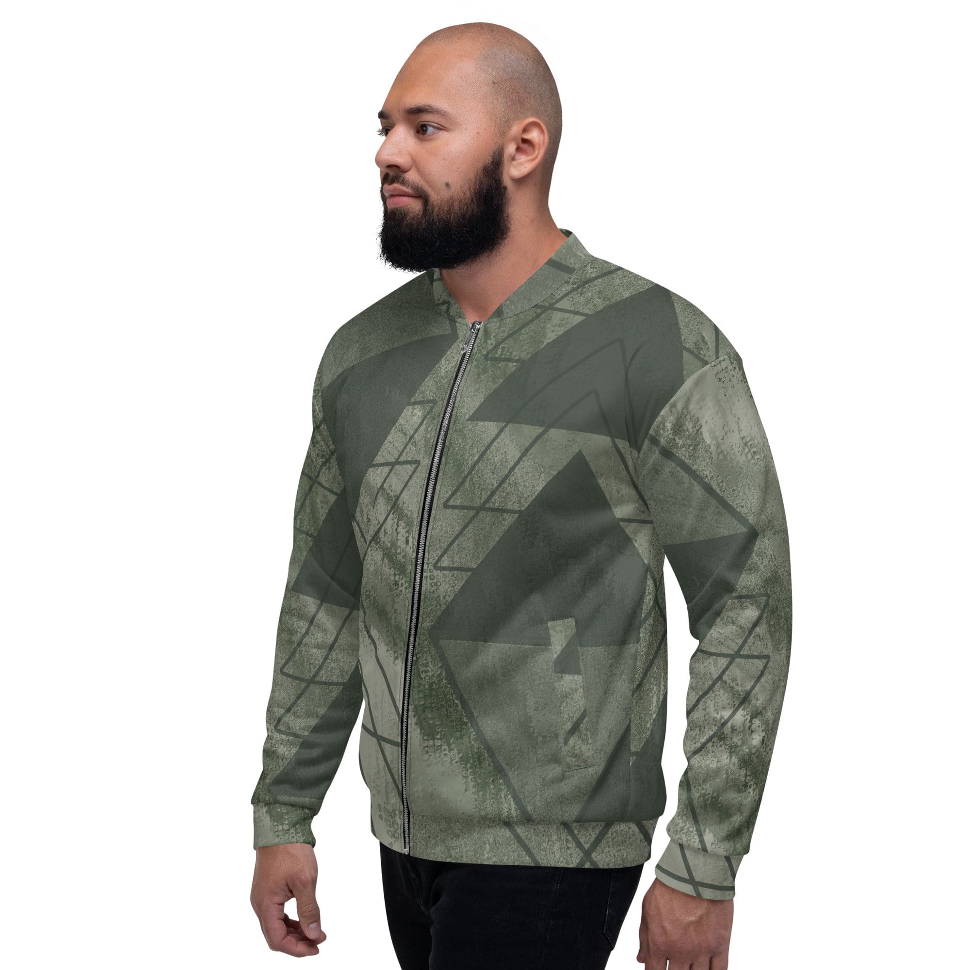 Men's bomber jacket in olive green with triangular colorblock design, featuring zip-front closure and ribbed cuffs.