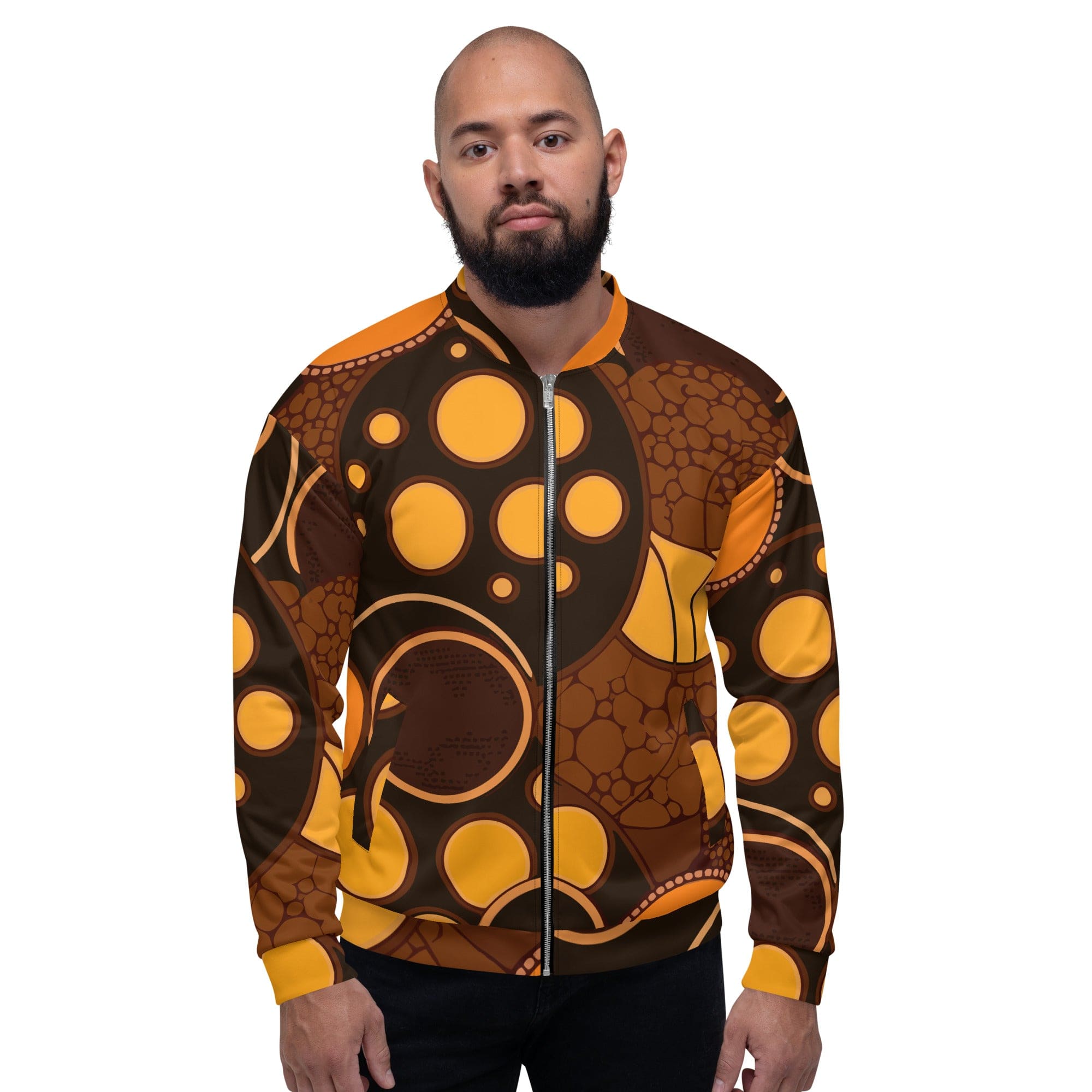 Men's bomber jacket in orange brown spotted print, featuring zip-front closure and ribbed cuffs, ideal for stylish layering.