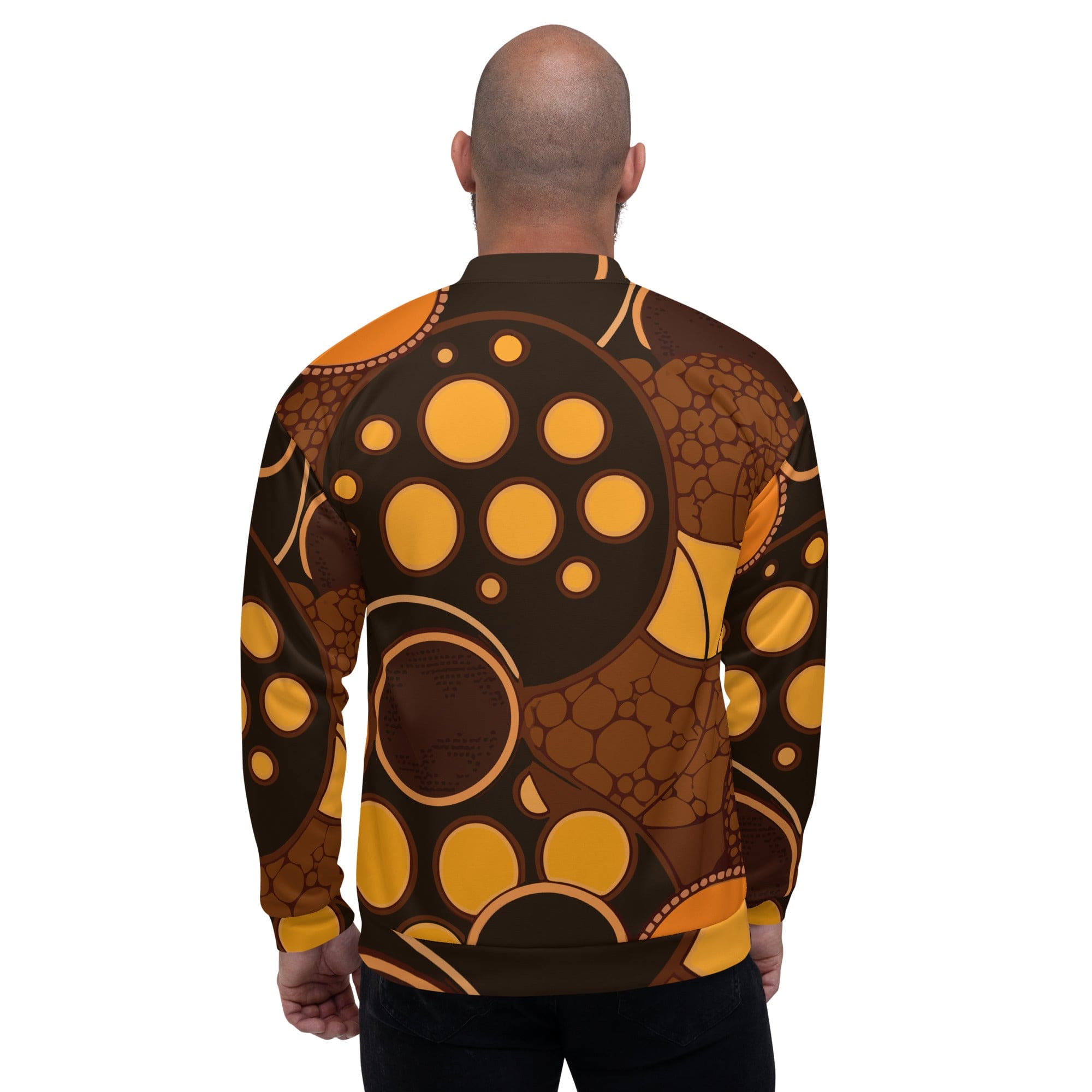 Men's bomber jacket in orange brown spotted print, featuring zip-front closure and ribbed cuffs, ideal for stylish layering.