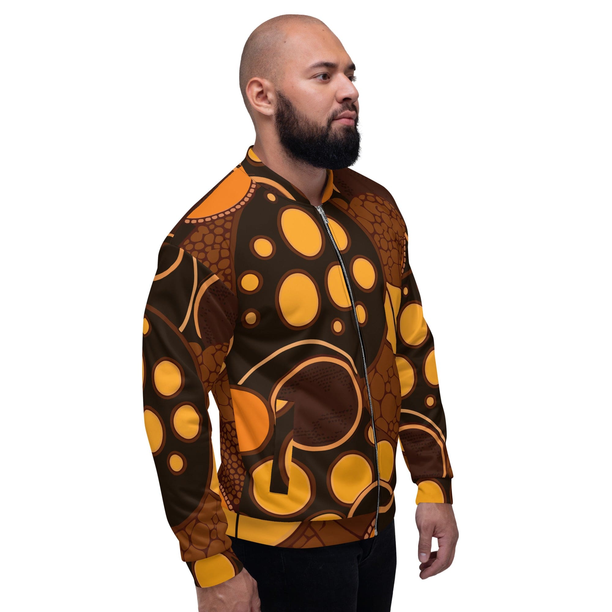 Men's bomber jacket in orange brown spotted print, featuring zip-front closure and ribbed cuffs, ideal for stylish layering.