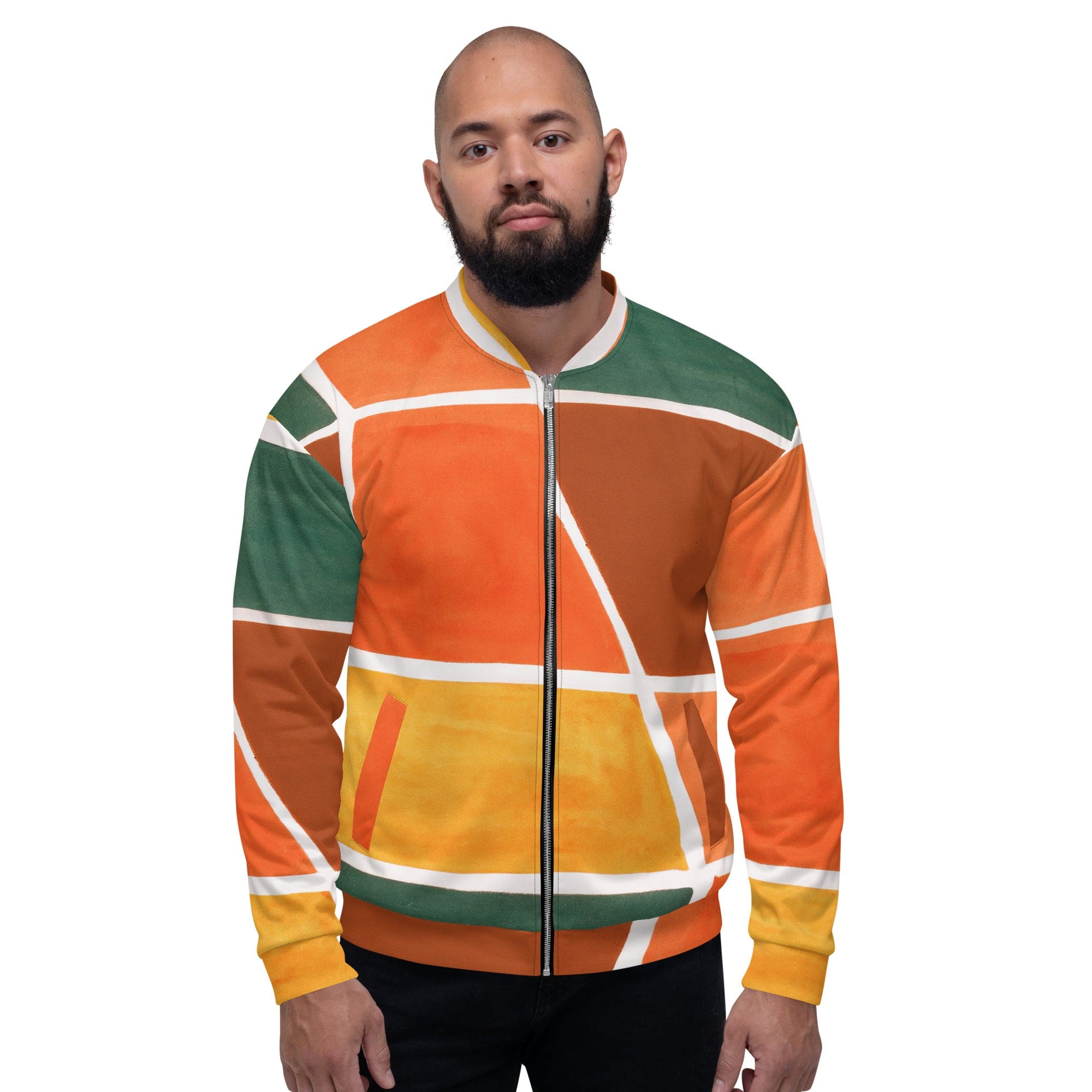 Men's bomber jacket featuring an orange and green boho pattern, zip-front closure, and ribbed cuffs, ideal for stylish layering.