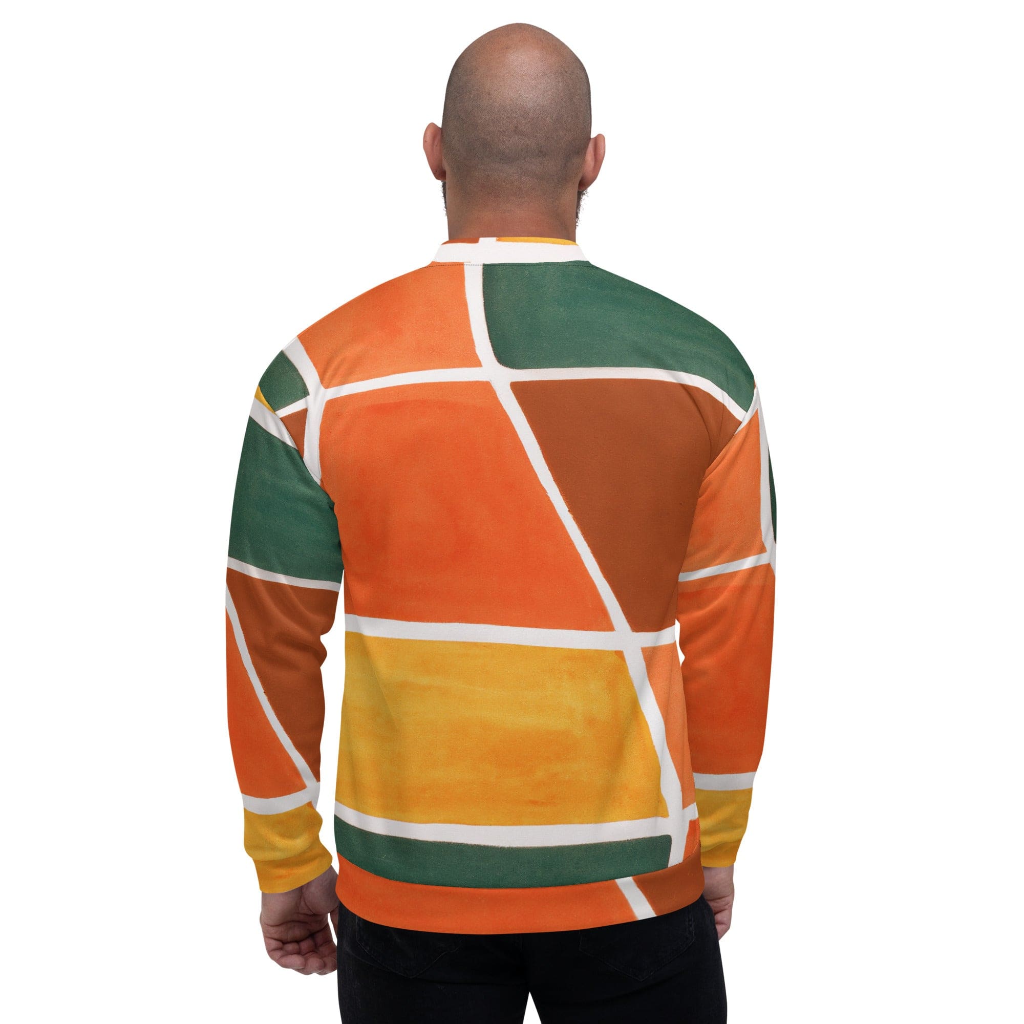 Men's bomber jacket featuring an orange and green boho pattern, zip-front closure, and ribbed cuffs, ideal for stylish layering.