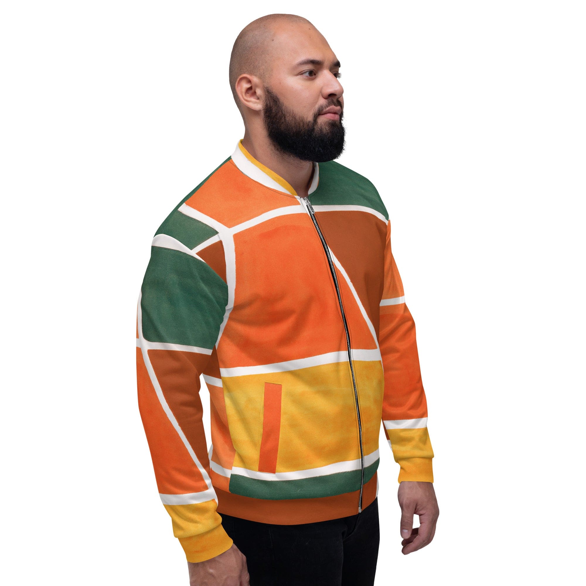 Men's bomber jacket featuring an orange and green boho pattern, zip-front closure, and ribbed cuffs, ideal for stylish layering.