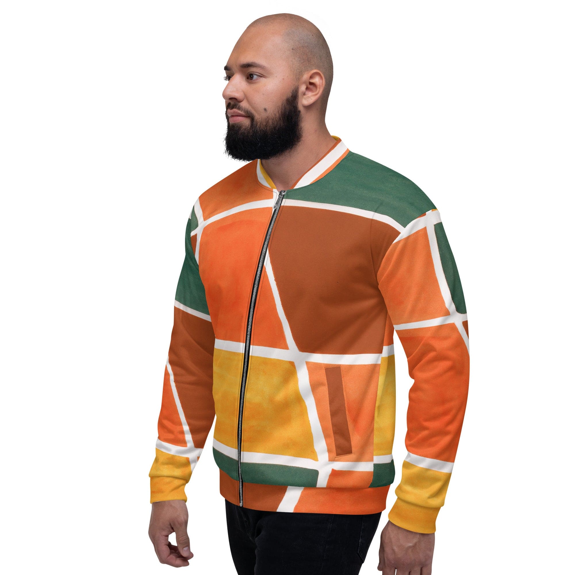 Men's bomber jacket featuring an orange and green boho pattern, zip-front closure, and ribbed cuffs, ideal for stylish layering.