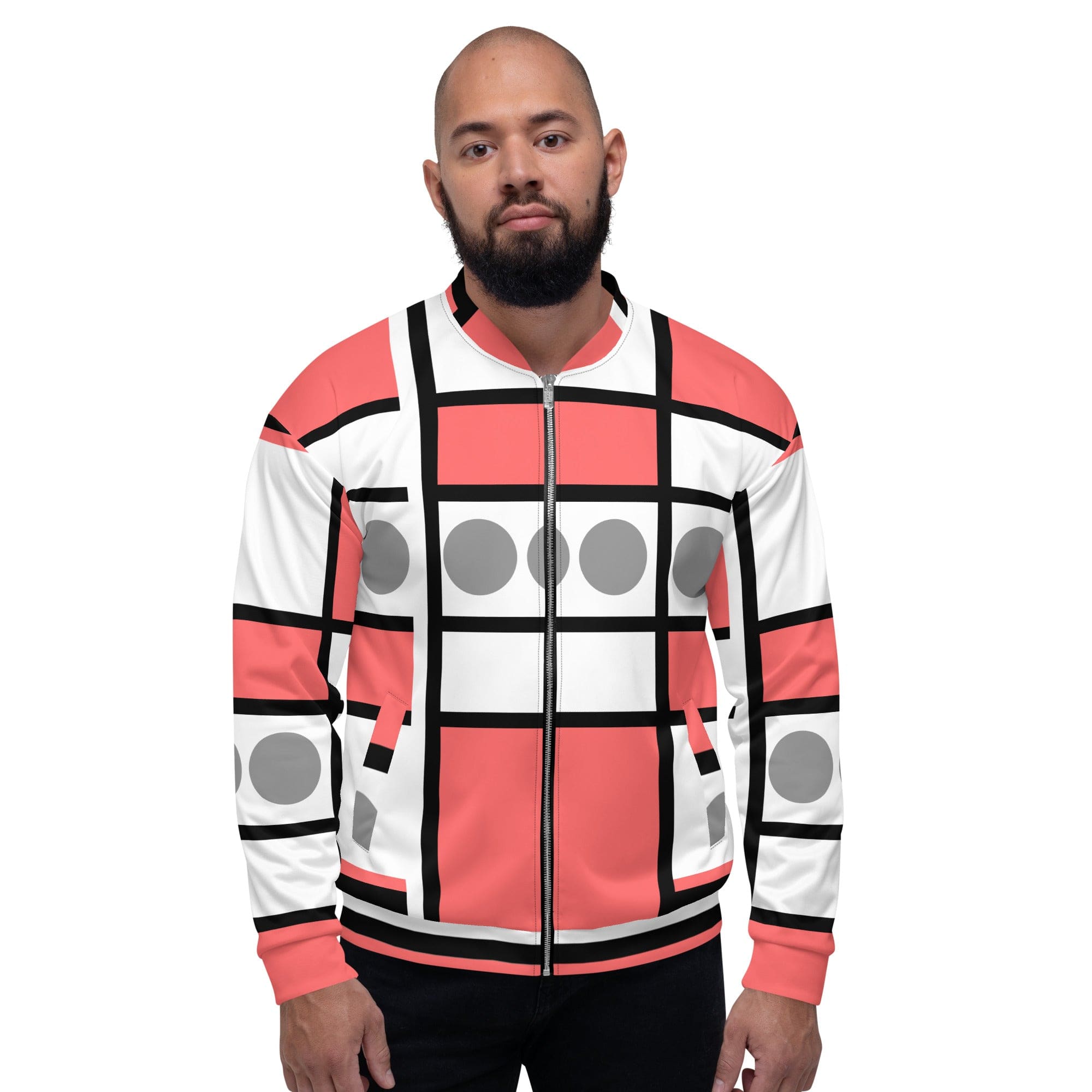 Men's bomber jacket in pale red print with zip closure and ribbed cuffs, featuring multiple pockets for essentials.