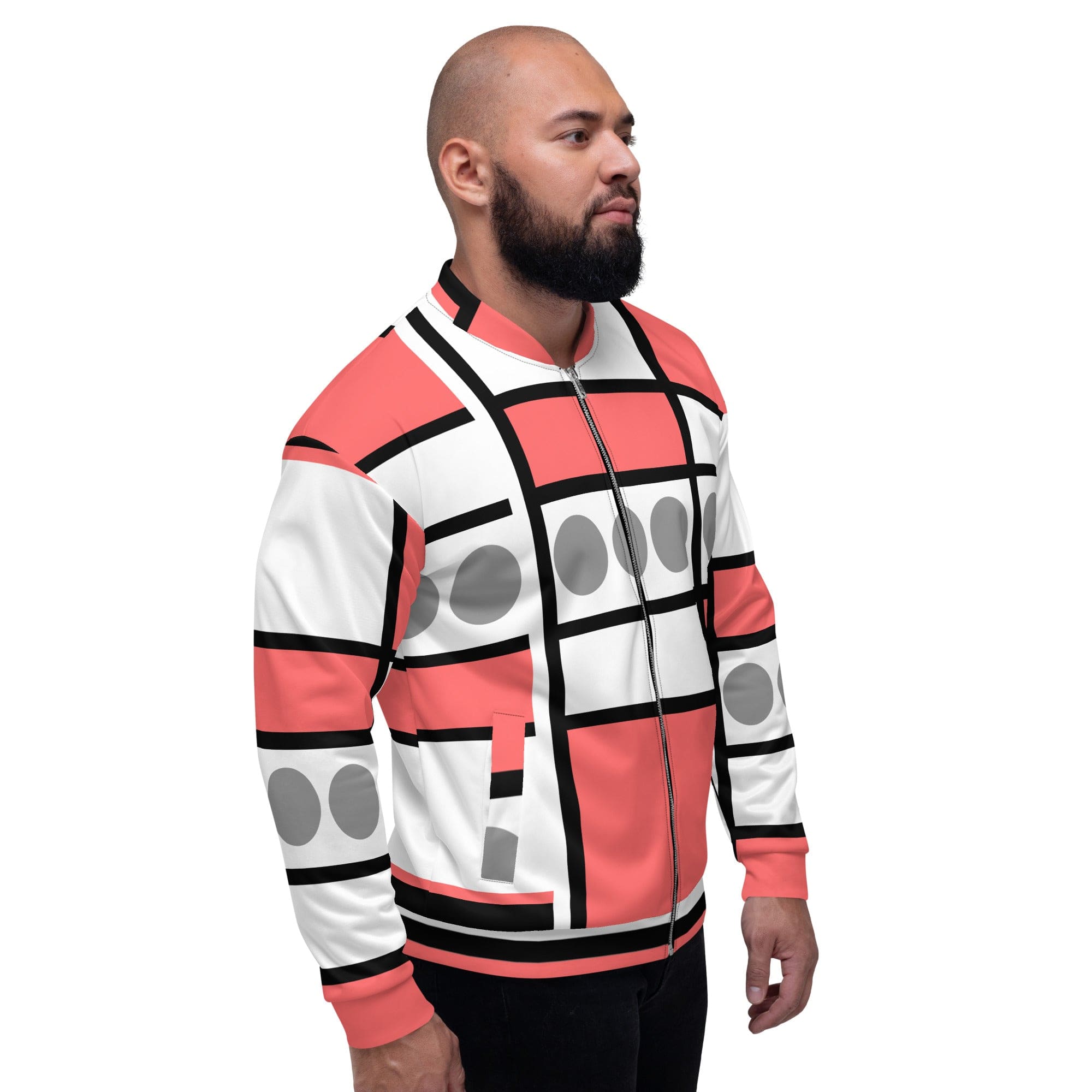 Men's bomber jacket in pale red print with zip closure and ribbed cuffs, featuring multiple pockets for essentials.