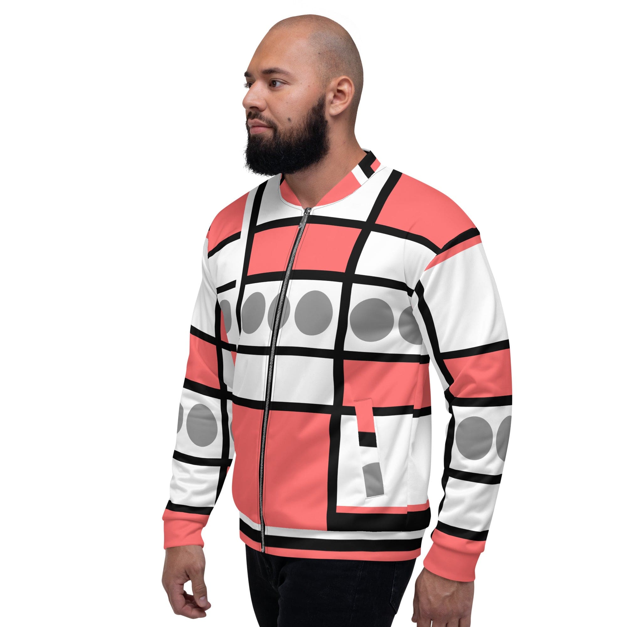 Men's bomber jacket in pale red print with zip closure and ribbed cuffs, featuring multiple pockets for essentials.