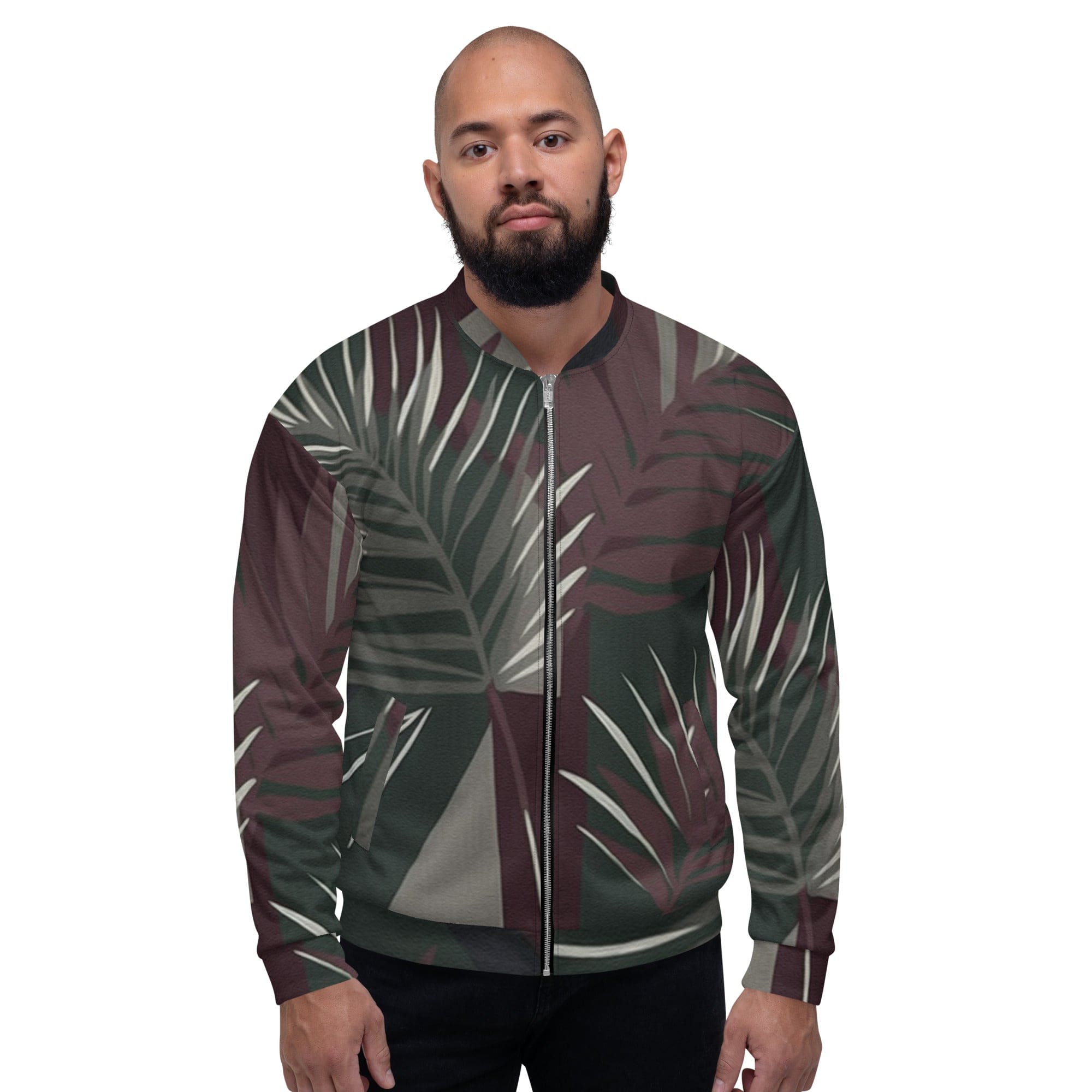 Men's bomber jacket featuring palm tree leaves design on a maroon and green background, showcasing a stylish and modern look.