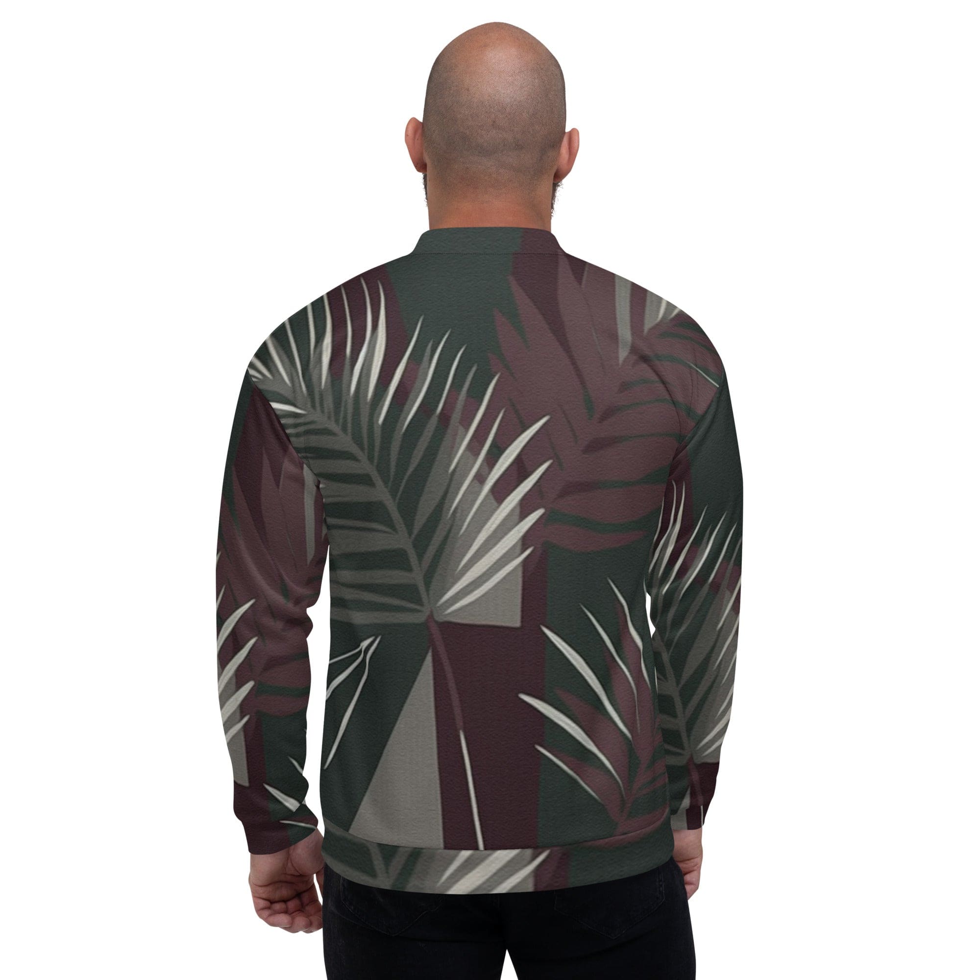 Men's bomber jacket featuring palm tree leaves design on a maroon and green background, showcasing a stylish and modern look.