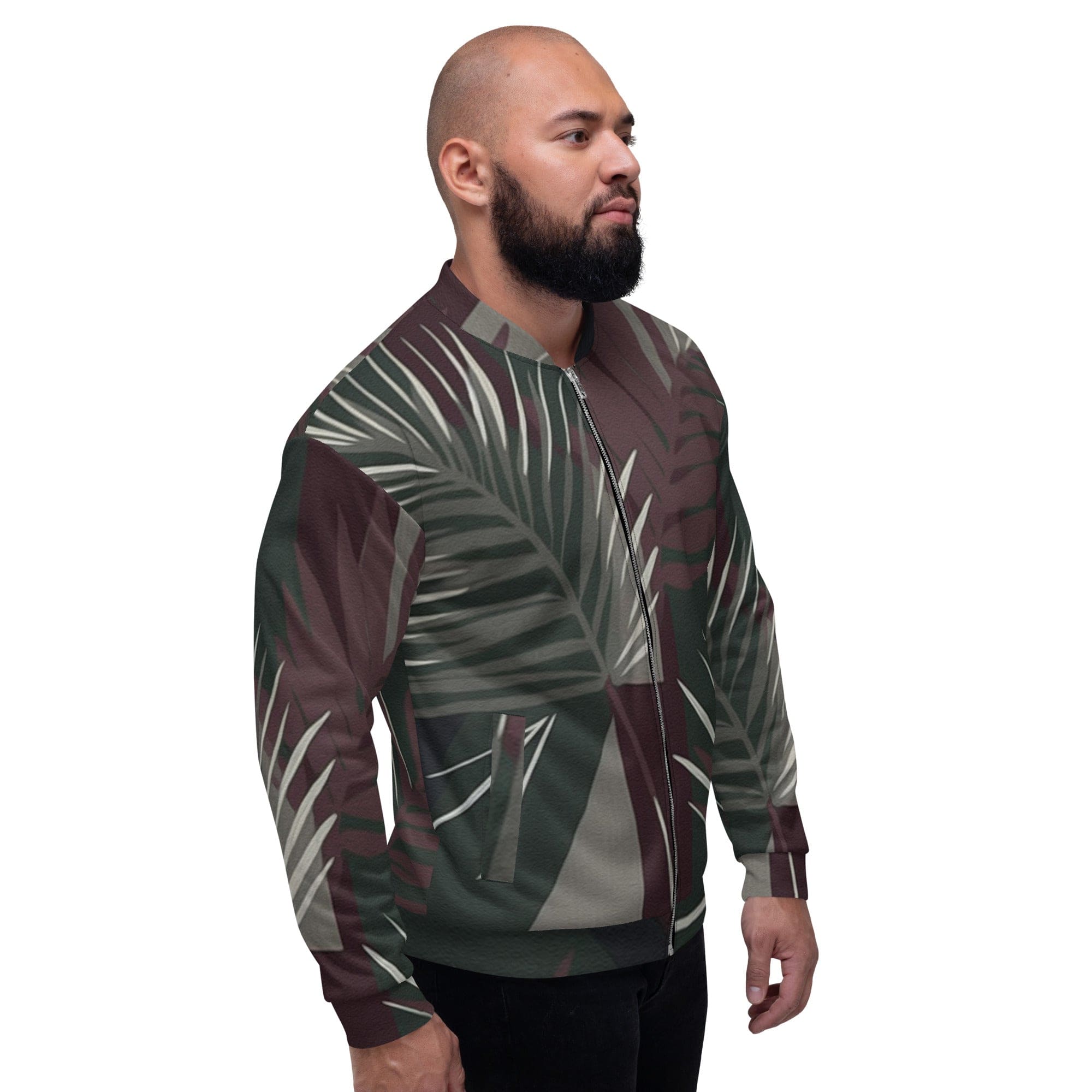 Men's bomber jacket featuring palm tree leaves design on a maroon and green background, showcasing a stylish and modern look.