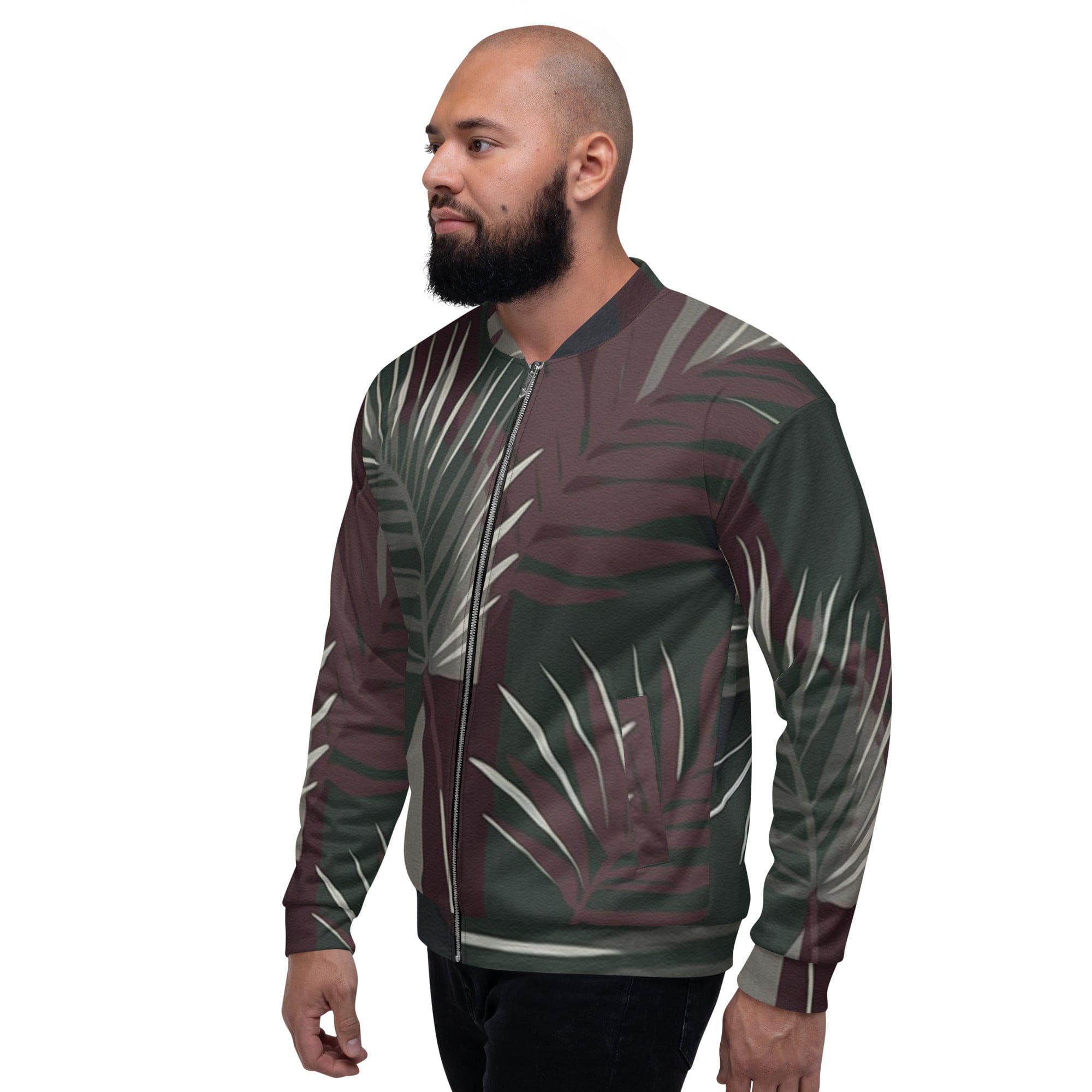 Men's bomber jacket featuring palm tree leaves design on a maroon and green background, showcasing a stylish and modern look.