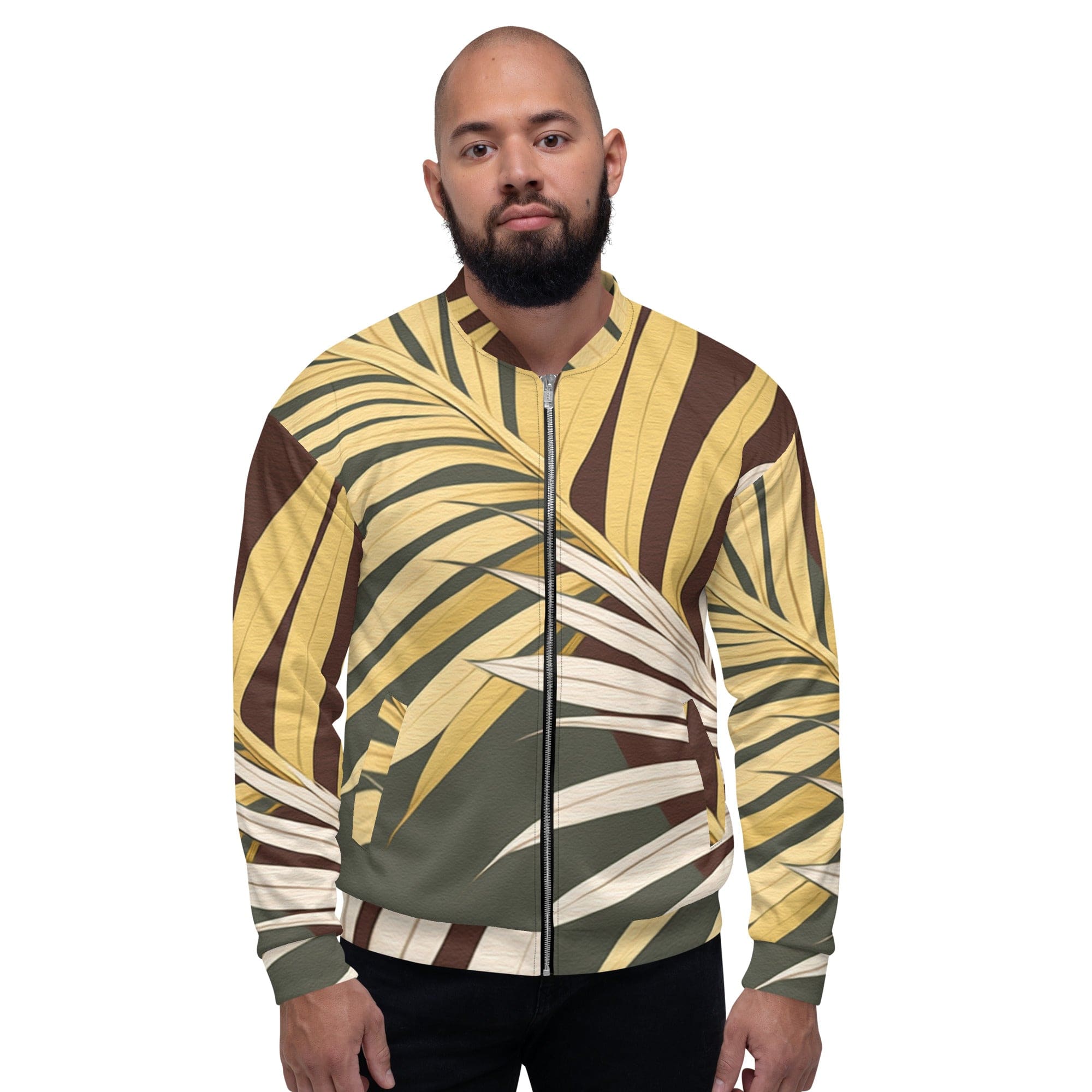 Men's bomber jacket featuring a vibrant palm tree leaves pattern, zip-front closure, and ribbed cuffs, perfect for stylish layering.