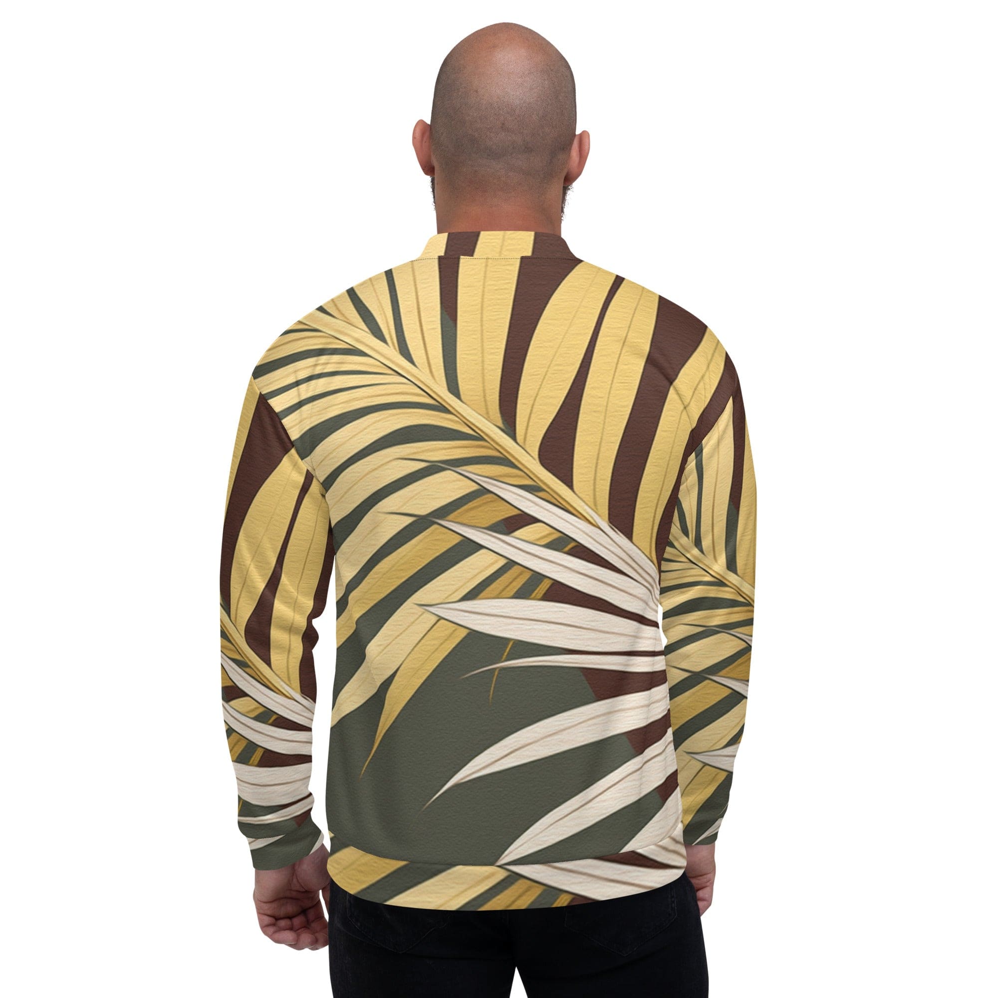 Men's bomber jacket featuring a vibrant palm tree leaves pattern, zip-front closure, and ribbed cuffs, perfect for stylish layering.