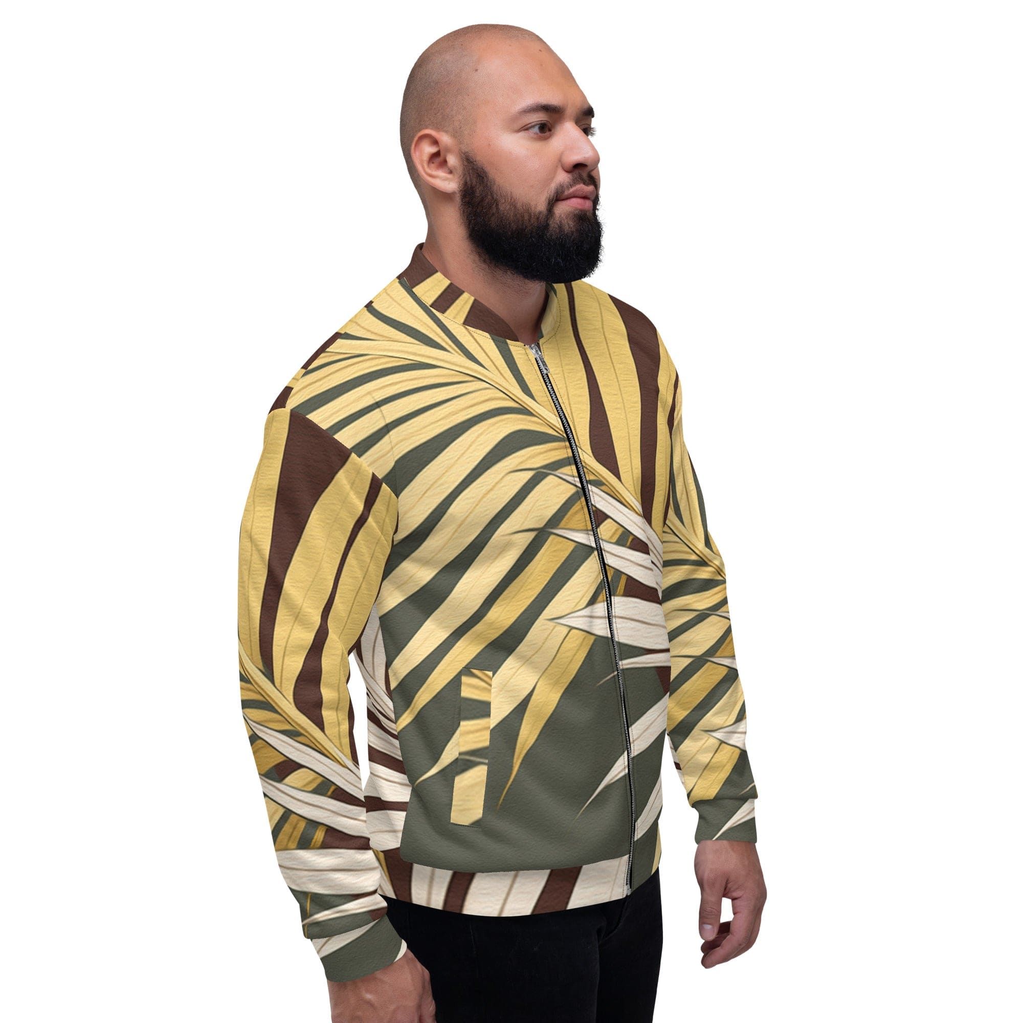 Men's bomber jacket featuring a vibrant palm tree leaves pattern, zip-front closure, and ribbed cuffs, perfect for stylish layering.