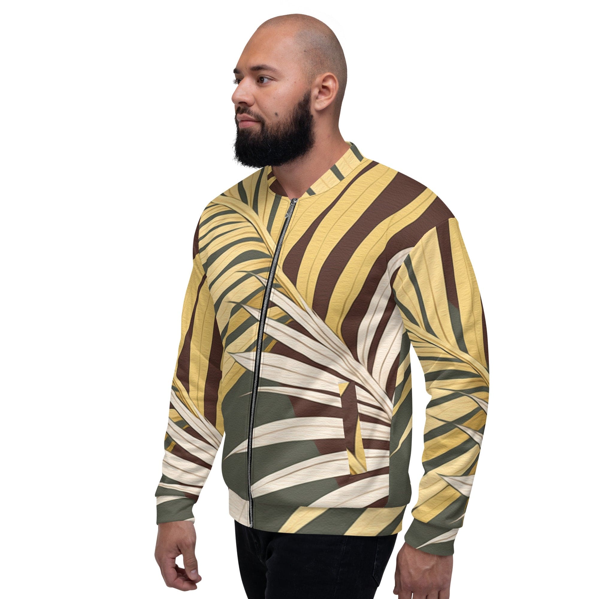 Men's bomber jacket featuring a vibrant palm tree leaves pattern, zip-front closure, and ribbed cuffs, perfect for stylish layering.