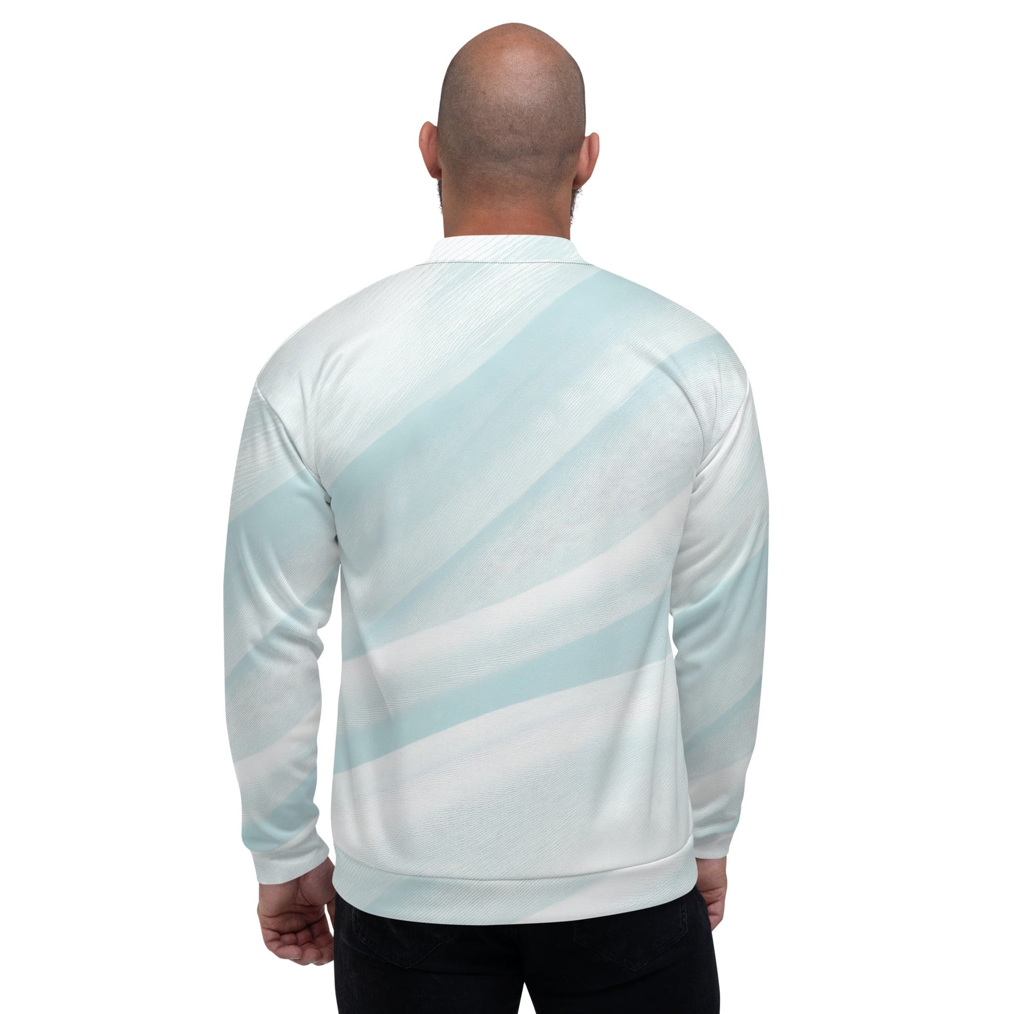 Men's bomber jacket in pastel blue swirl design, featuring zip-front closure and ribbed cuffs, ideal for casual and dressy occasions.