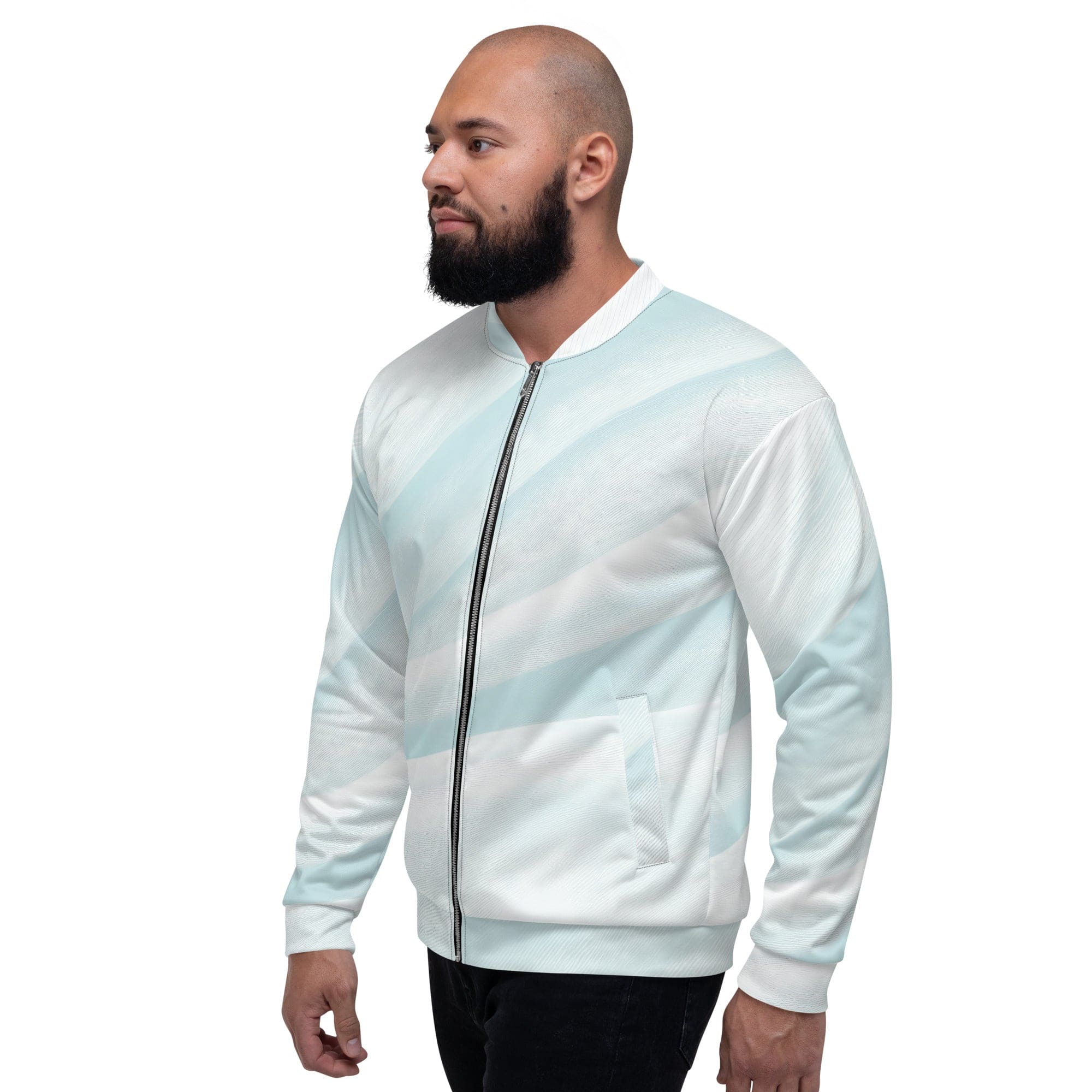 Men's bomber jacket in pastel blue swirl design, featuring zip-front closure and ribbed cuffs, ideal for casual and dressy occasions.