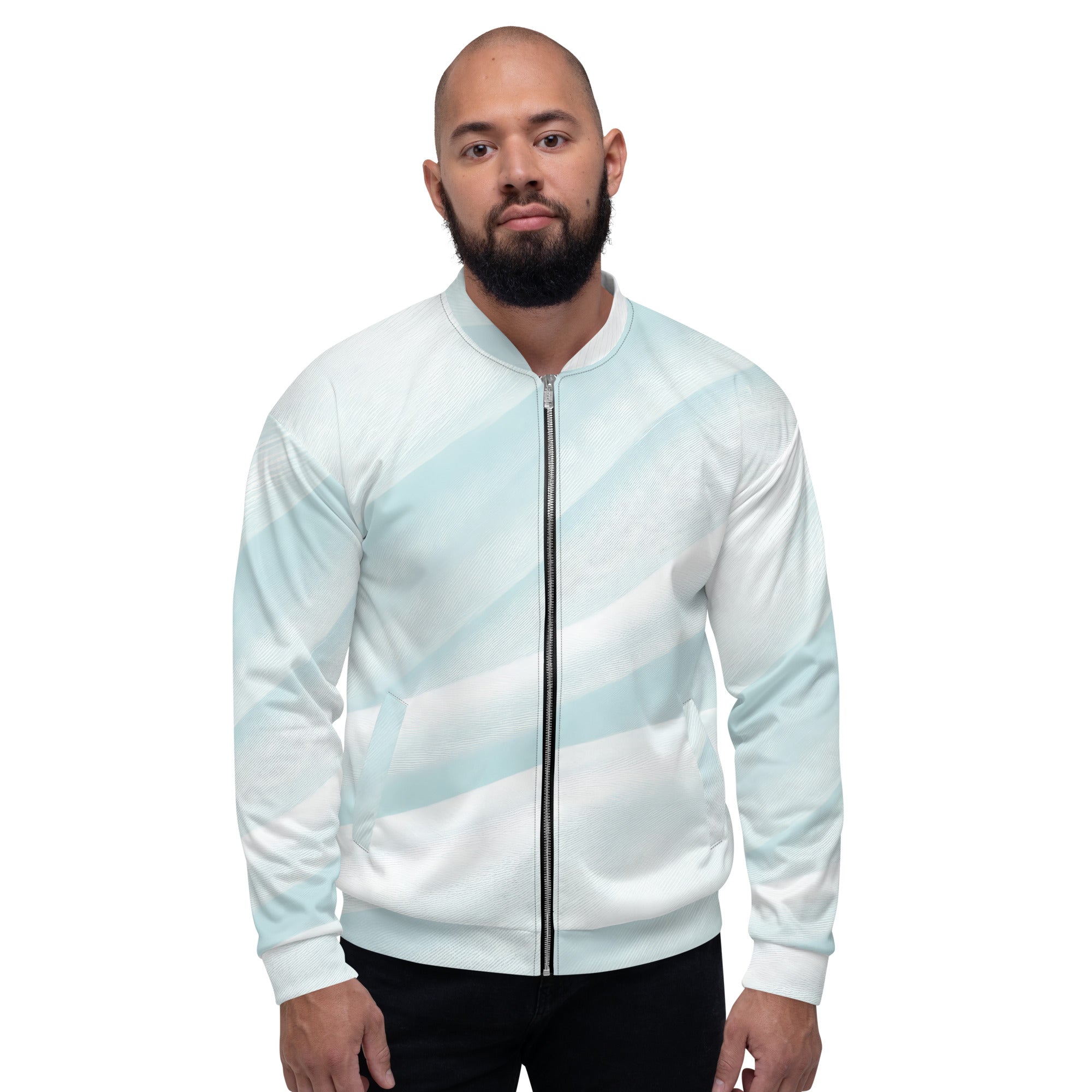 Men's bomber jacket in pastel blue swirl design, featuring zip-front closure and ribbed cuffs, ideal for casual and dressy occasions.