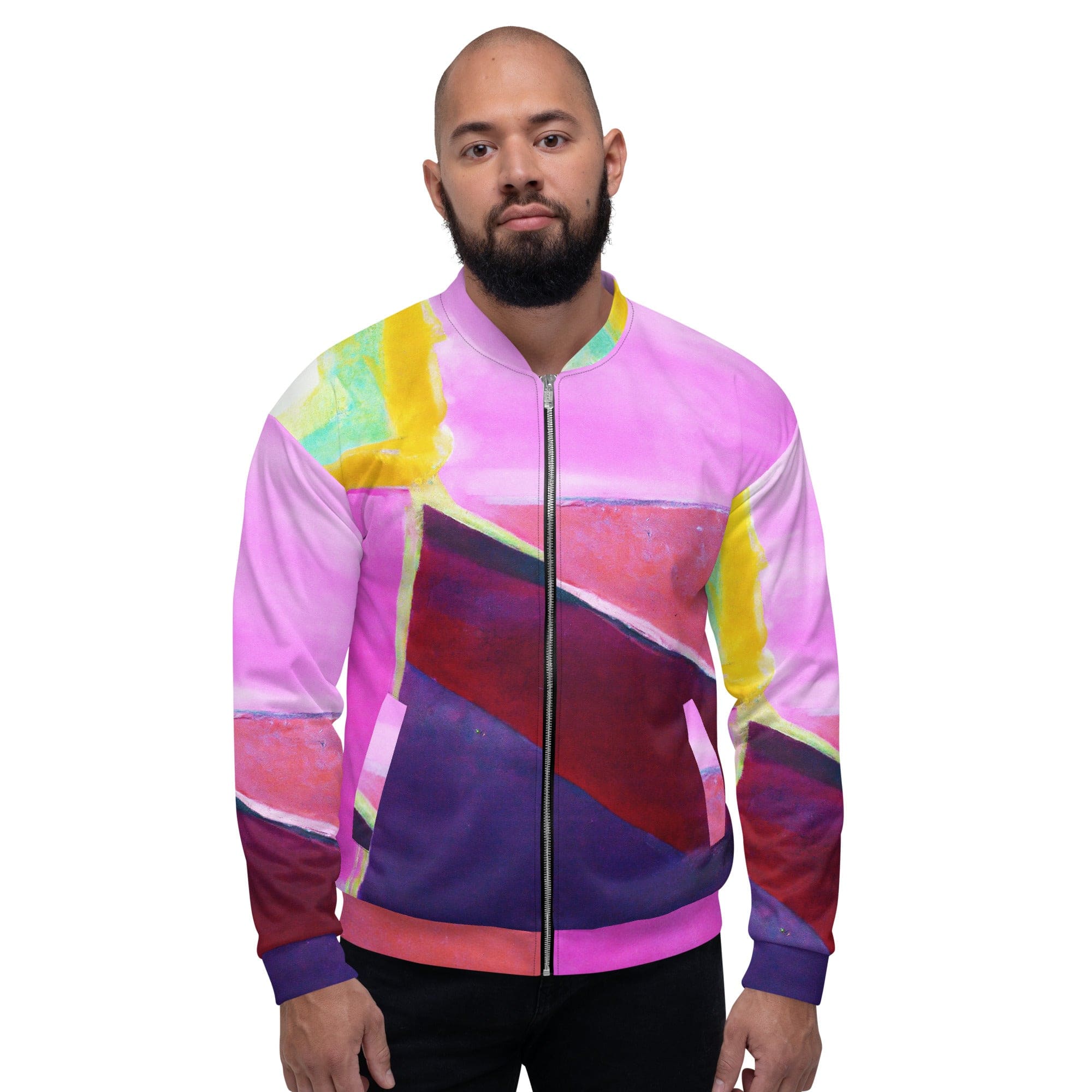 Men's bomber jacket featuring a vibrant pink and purple pattern, designed with a zip-front closure and ribbed cuffs for a stylish and comfortable fit.