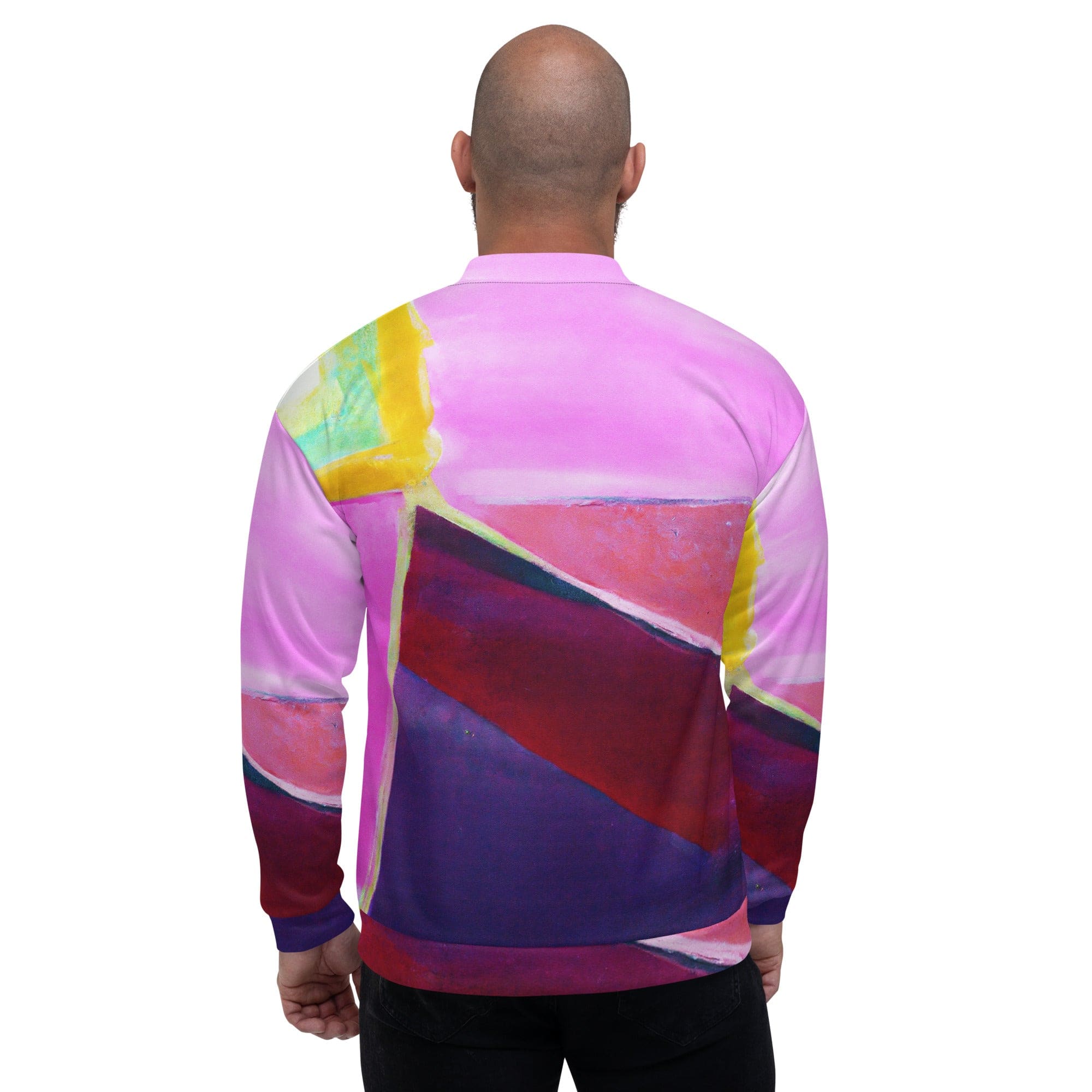 Men's bomber jacket featuring a vibrant pink and purple pattern, designed with a zip-front closure and ribbed cuffs for a stylish and comfortable fit.